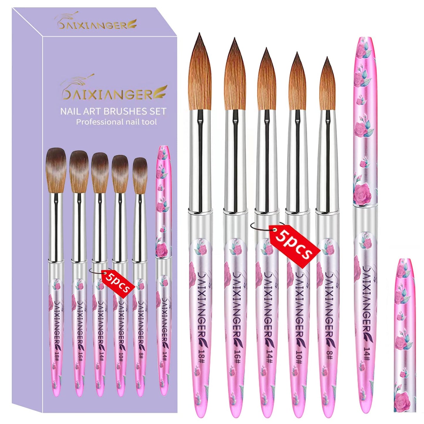 DAIXIANGER 5PCS Acrylic Nail Brush Set - Size 8/10/14/16/18 Brushes for Acrylic Powder Application, 3D Carving & Nail Art Extension, Pink Flower Handle Nail Tools for DIY Salon Manicure