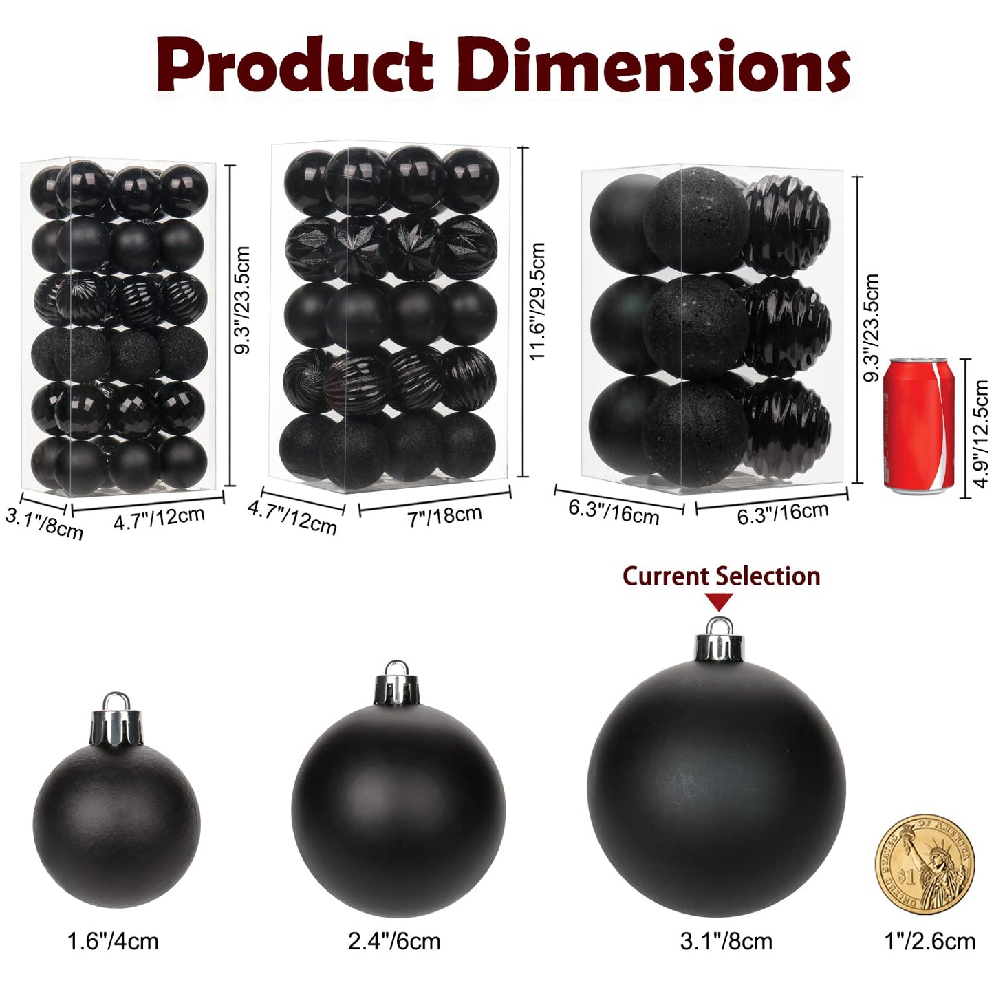 3.15" Christmas Ball Ornaments Black 12 Pcs Shatterproof Christmas Tree Decorations Xmas Tree Medium Christmas Ornaments Balls with Hanging Loop for Halloween Wedding Holiday Party Wreath Home Decor