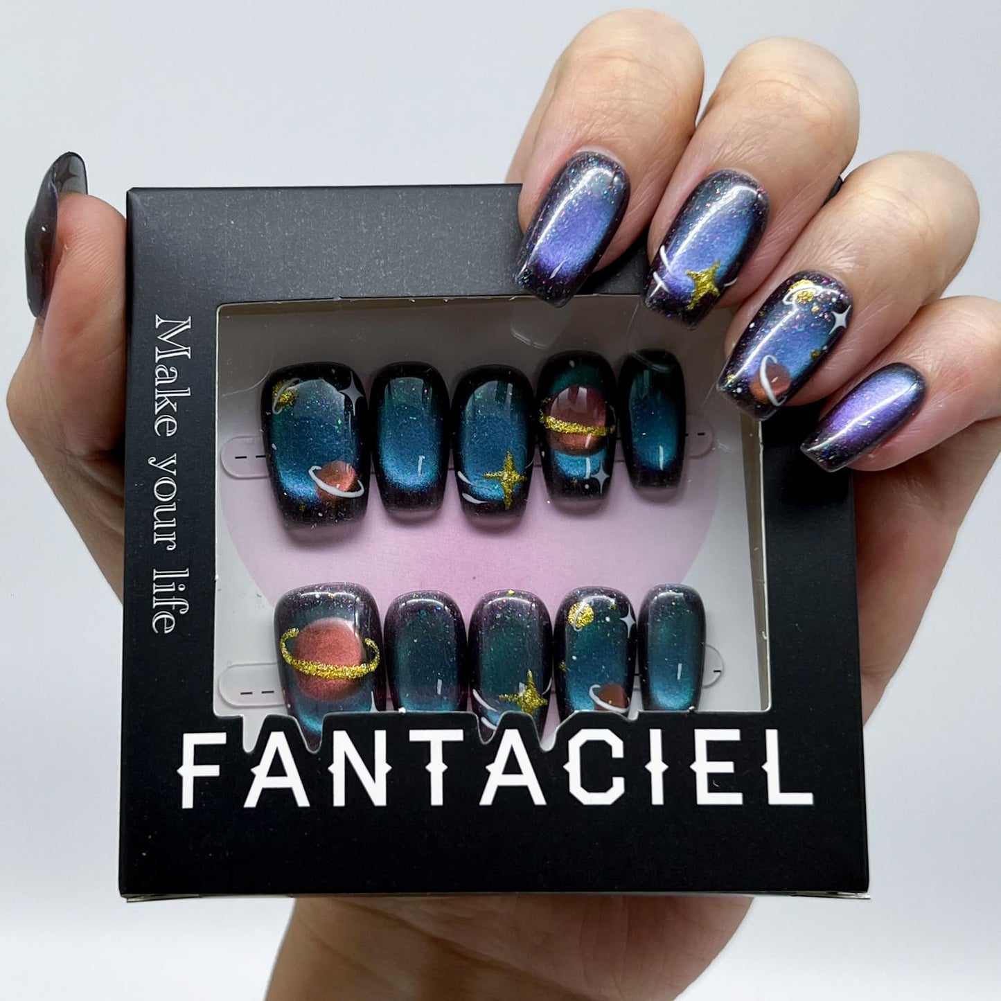 FANTACIEL 10 PCS Handemade Press On Nails Cat Eye Happy Planet Design Reusable Square Fake Nails (Happy Planet L, L)