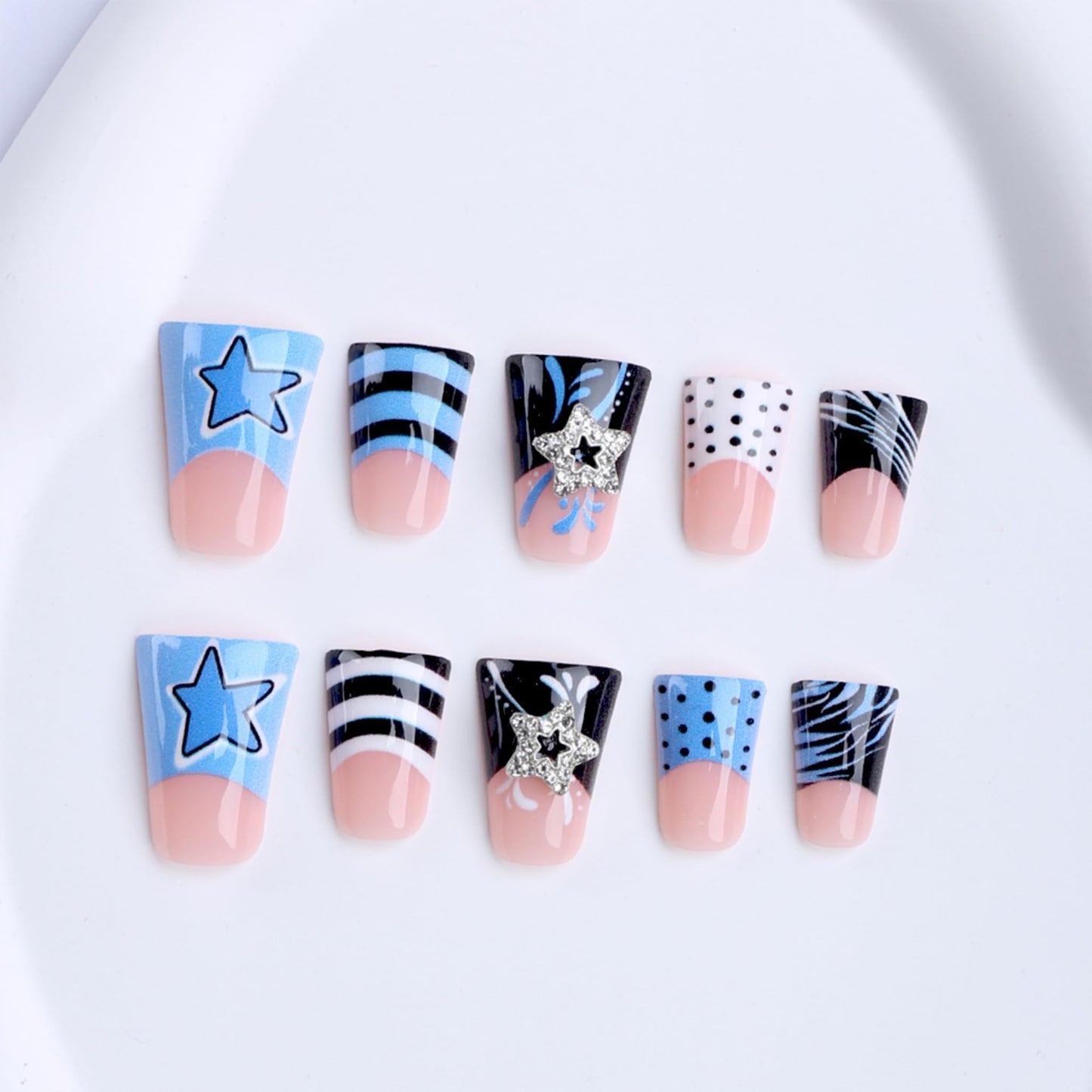 Long Press on Nails Duck Fake Nails Blue Acrylic Nail Press Ons Seeneey Black White Y2K Polka Dots Stripes Star Rhinestone Stick on Nail for Women 24pcs