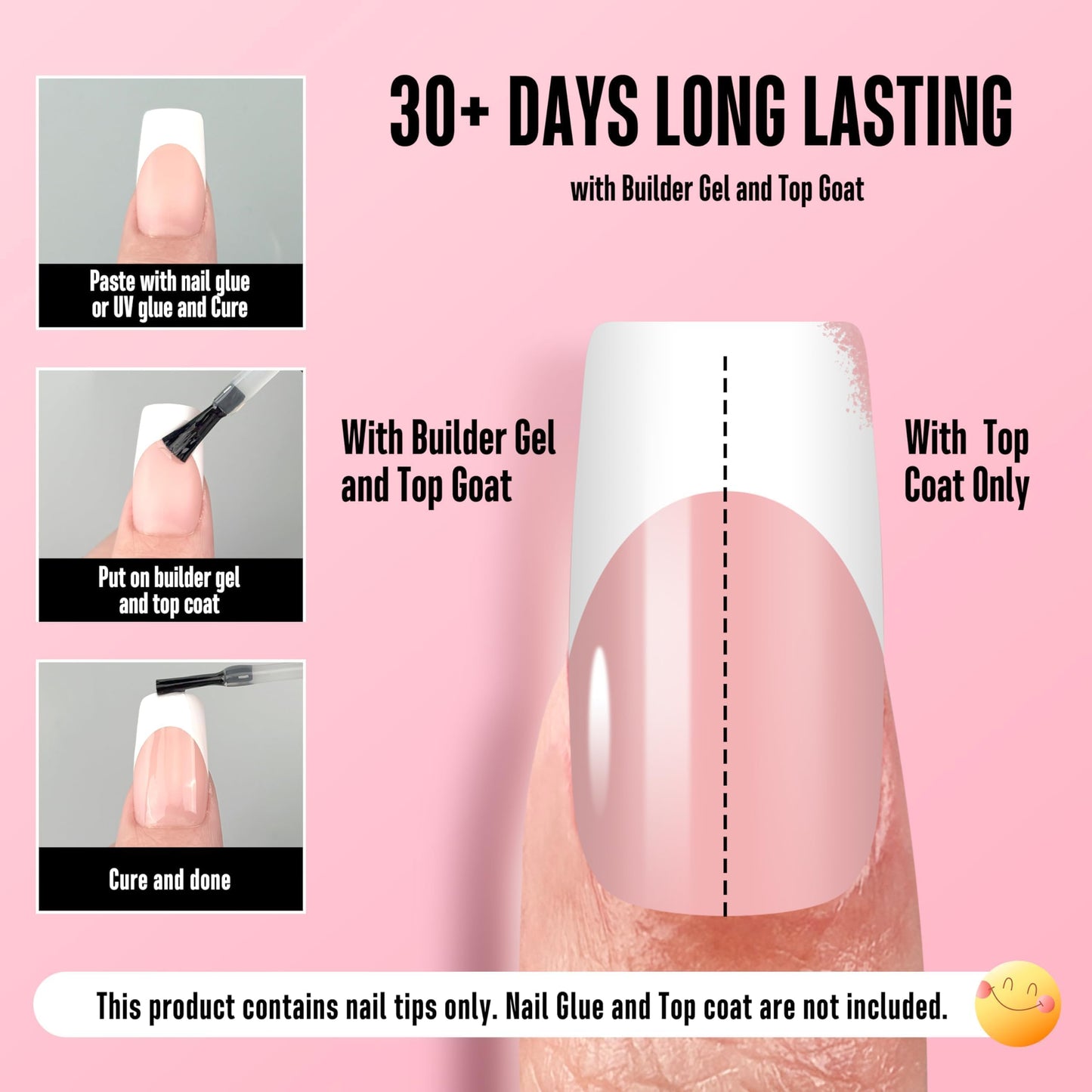 NOVO OVO White French Tip Medium Square Nail Tips Press on BABY PINK, Extra Thick Soft Gel Fake Nail Acrylic Extension, Need Builder Gel Top Coat, No Glue Included, for Salon DIY 15 Sizes x 240 pcs