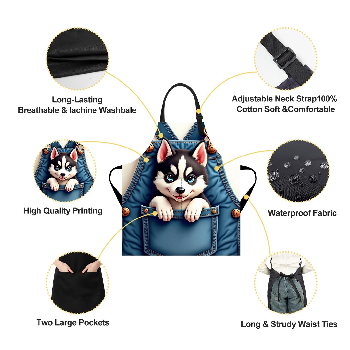 THISFIND Cute Husky Dog in Pocket Apron – Waterproof Adjustable Bib Apron with Funny Cartoon Puppy Print – Durable Kitchen Apron for Cooking Gardening and Crafts
