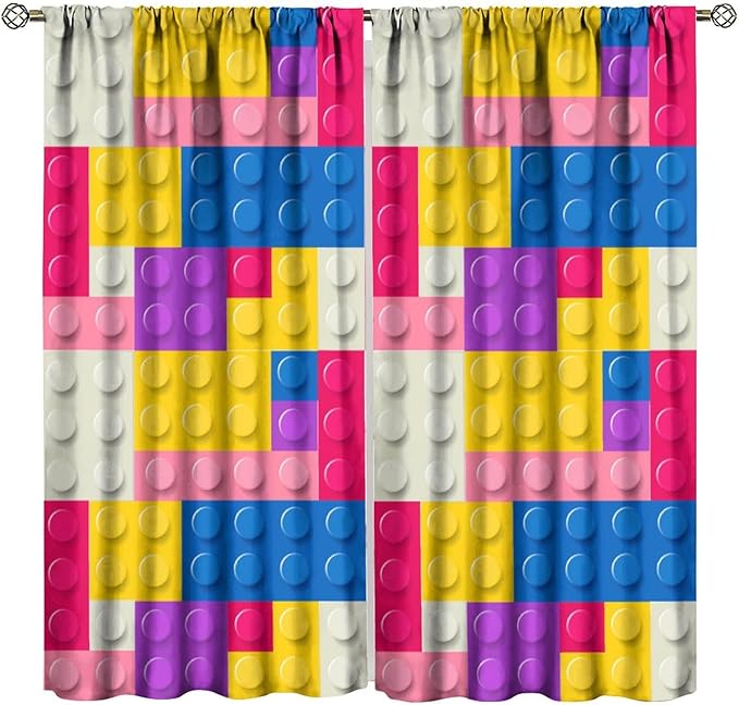 Kids Building Blocks Toy Curtains Children's Room Abstract Outline Colorful Plastic Toys Geometric Bricks Print Curtains for Boys Girls Nursery Curtains 63x63 Inches 2 Panels
