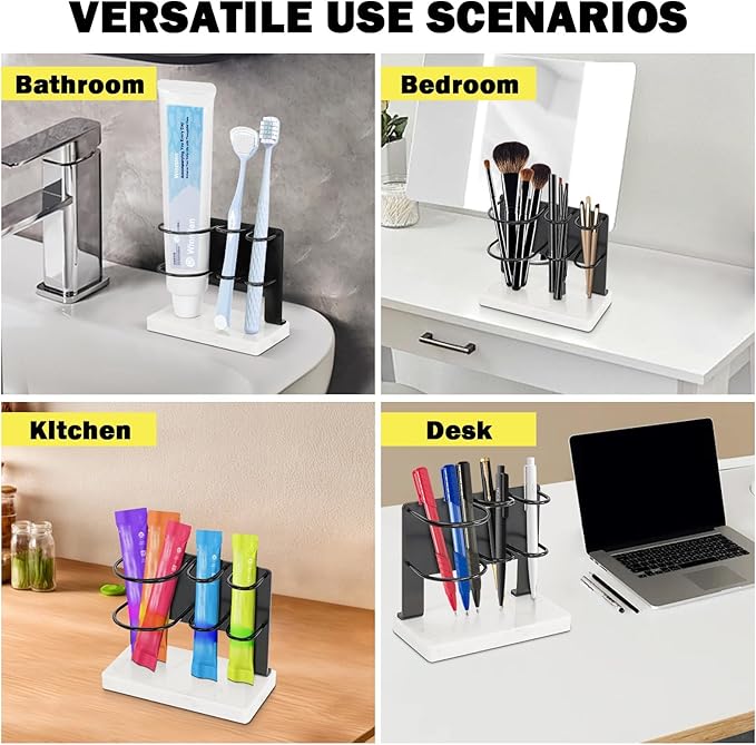Toothbrush Holder for Bathroom Counter, Metal Toothbrush and Toothpaste Holder Stand with Marble Base for Bath Organizer Countertop, 3 Slots (Matte Black)