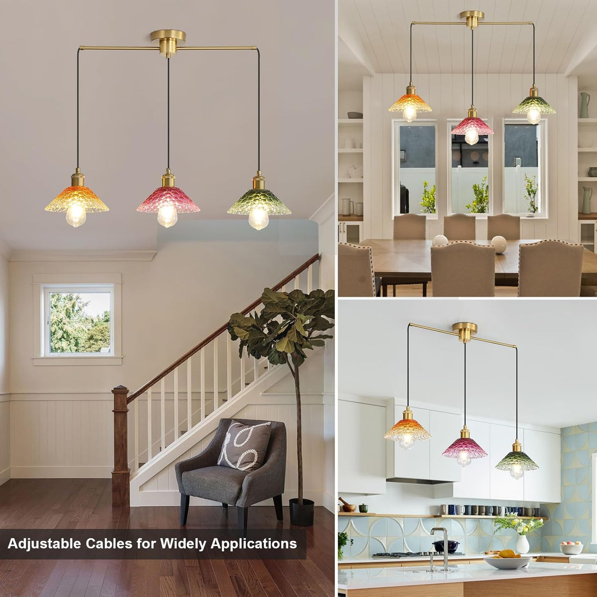 3-Light Pendant Lights Kitchen Island, Ceiling Hanging Lighting Fixtures, Colorful Vintage Glass Shade Pendants, Modern Gold Dining Room Chandeliers Height Adjustable for Farmhouse Living Room