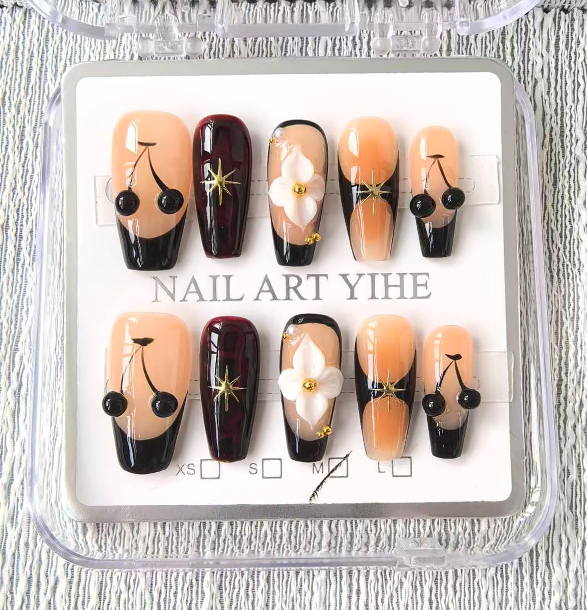 Handmade Press on Nails Coffin Medium Fake Nails Black French Tip with 3D Flower Cherry Designs luxury Charm Glossy Cute Acrylic Nails for Women 10pcs (Size M）