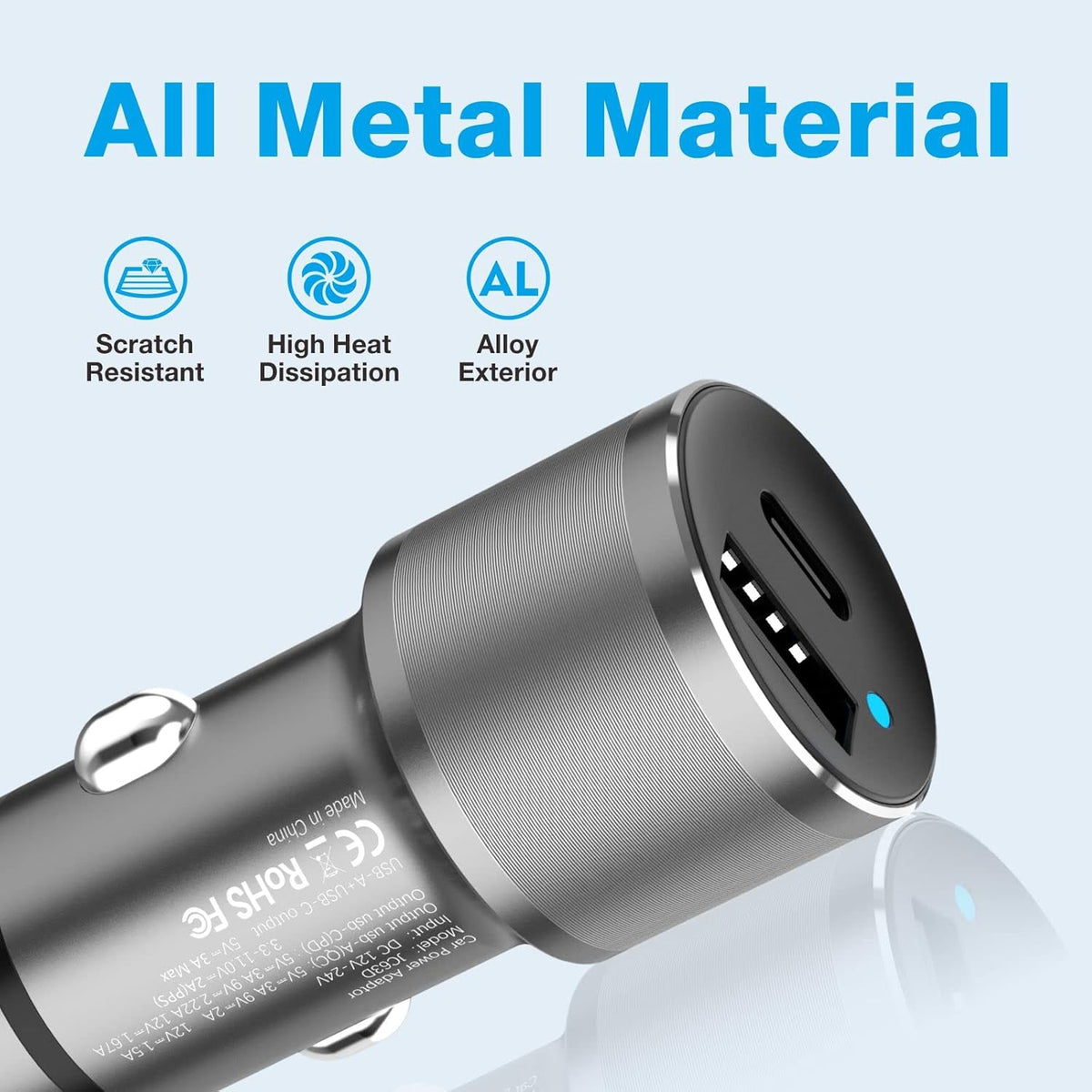 MOCA 38W Fast Car Charger, Dual Port USB C Power Delivery All Metal Lighter PD/ QC3.0 Car Charger with 2 Pack PD Lightning Cord Quick Charging for iPhone 16 15, Samsung Galaxy S25 S24, Pixel, Android