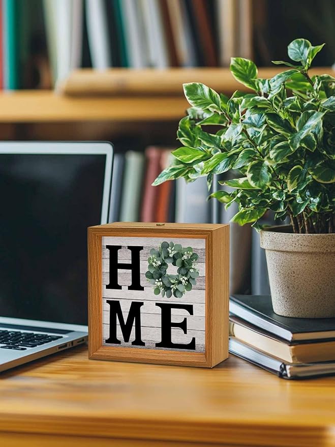 Wood Night Light Box 6.5x6.5in,Home Green Eucalyptus Wreath Table Lights Wooden Picture Frame with USB Rechargeable Touch LED Lights for Home Decor Desktop Display,Farm Vintage Wood Board
