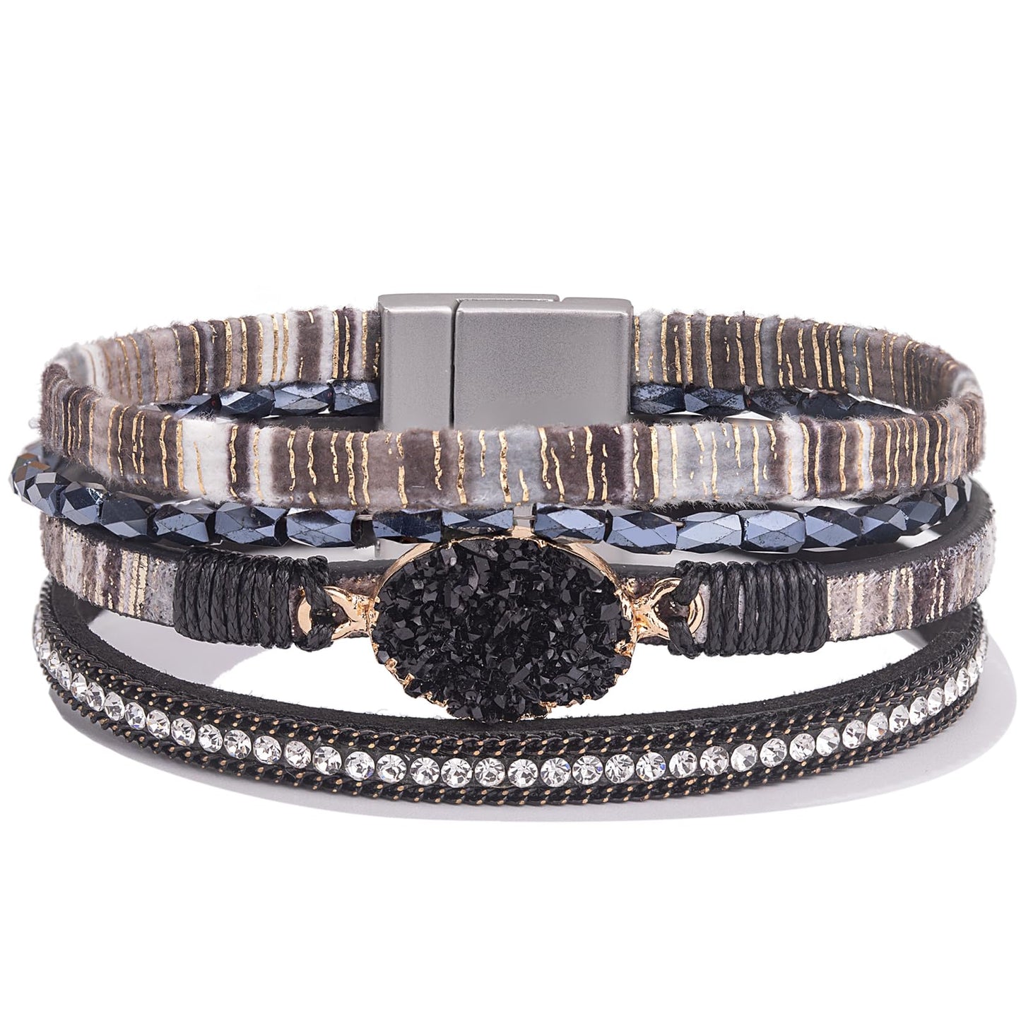 FANCY SHINY Boho Leather Wrap Bracelet Stackable Chunky Crystal Cuff Bracelets with Magnetic Clasp Cowboy Cowgirl Western Summer Beach Outfits Jewelry Gifts for Women (7.7", Boho Black)