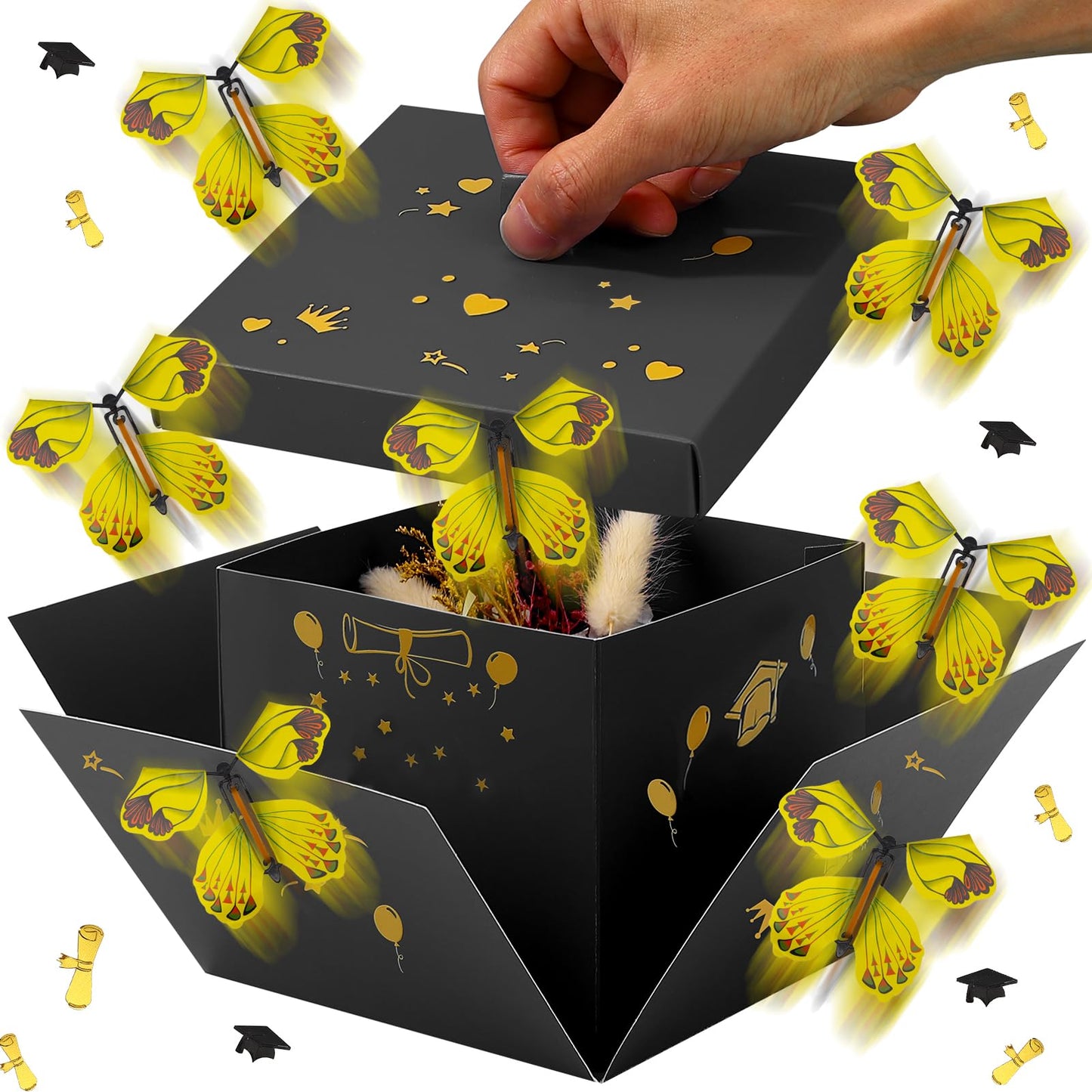 Flying Butterfly Explosion Gift Box, Birthdays Surprise Black Exploding Gift Box with 4 Pcs Flying Butterfly, DIY Exploding Fantasy Decor for Birthdays, Wildflower, Wedding, Valentine's Day(B)