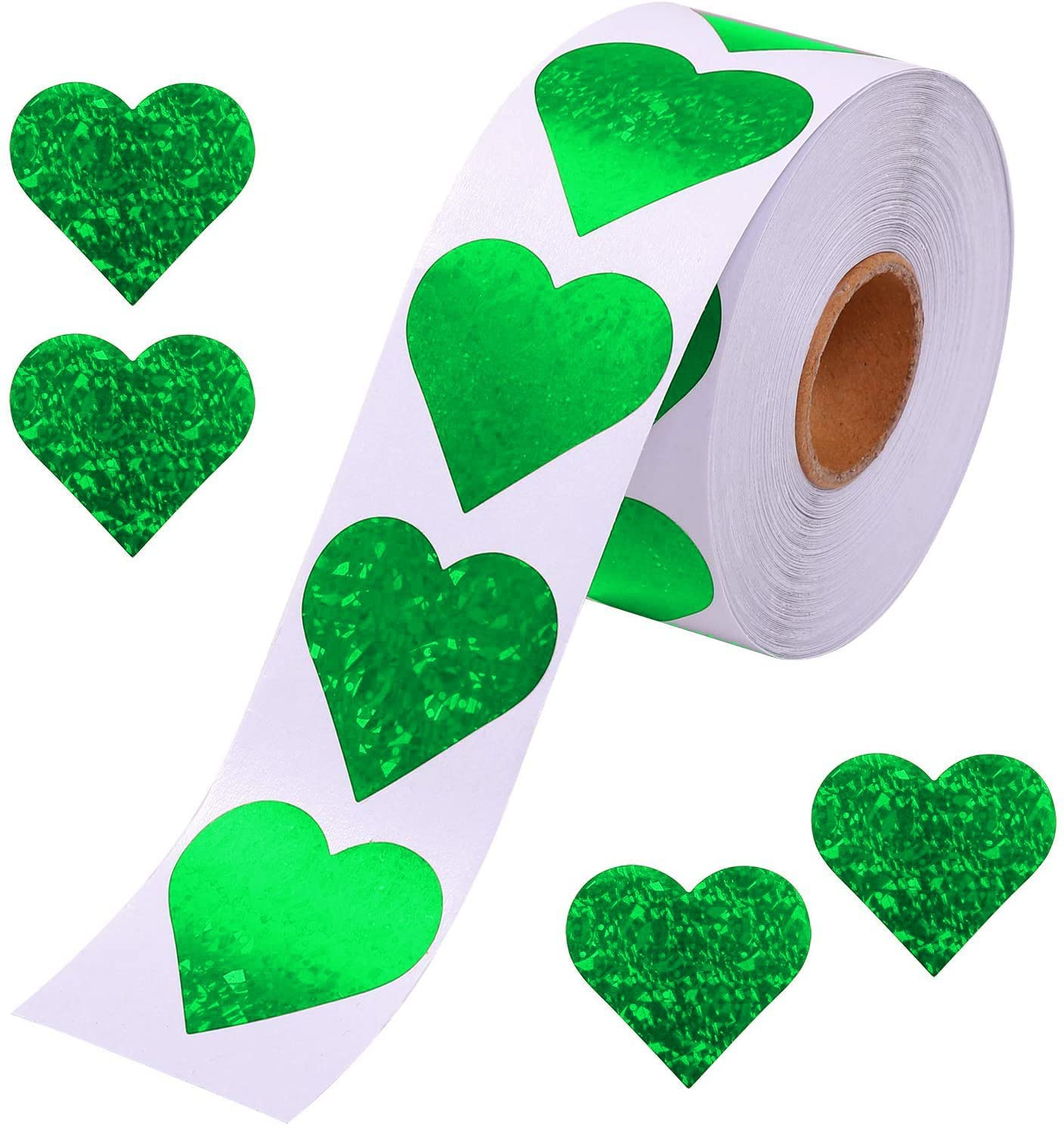 1.5" Glitter Red Heart Stickers and 1.5" Glitter Green Heart Stickers, 2 Roll 1000 Piece