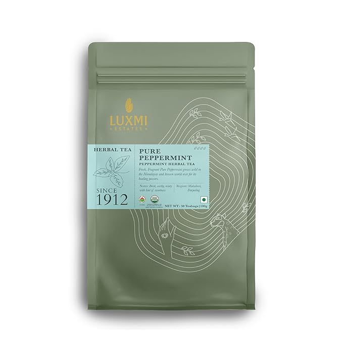 Luxmi Estates Purely Peppermint 50 Tea Bags (100g) Pack | USDA Certified Organic Herbal Tea | Mint Tea Best for Night Time | 50 Cups Bulk Pack