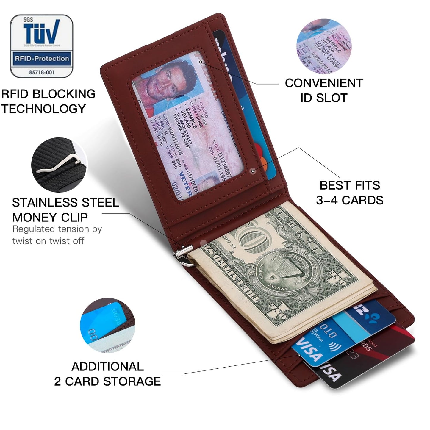 Slim Money Clip Wallets for Men RFID Blocking 8 Card Holder Minimalist Small Thin Carbon Leather Bifold Mens Front Pocket Wallet Gift Box(Canyon Red)