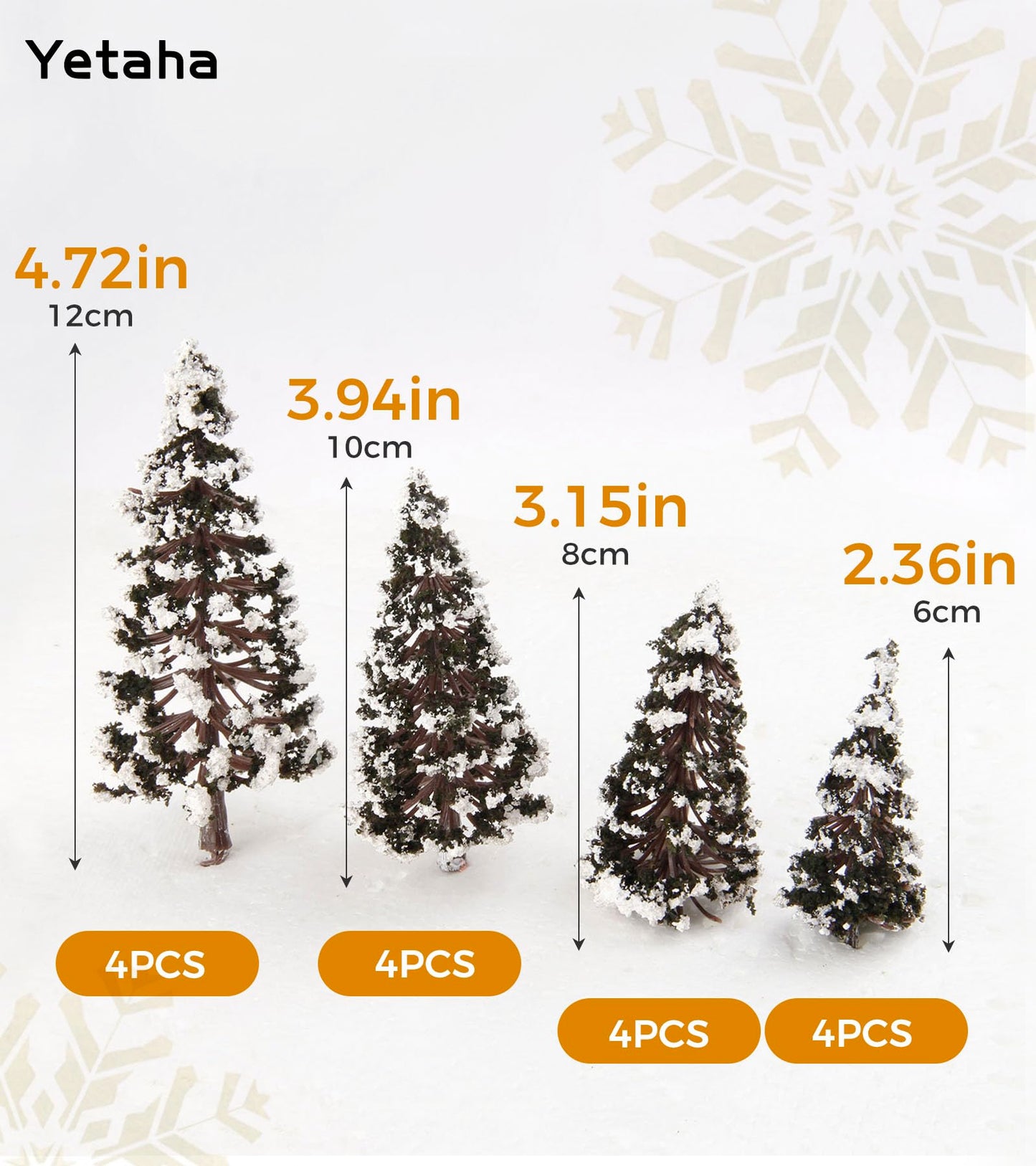 Yetaha 16PCS Mixed Scale Snow-Covered Cedar Trees, Winter Pine Tree Models 6/8/10/12cm, Miniature Trees for Diorama & Model Train Scenery, Village, Railway, Winter Landscape (4pcs Each Size)