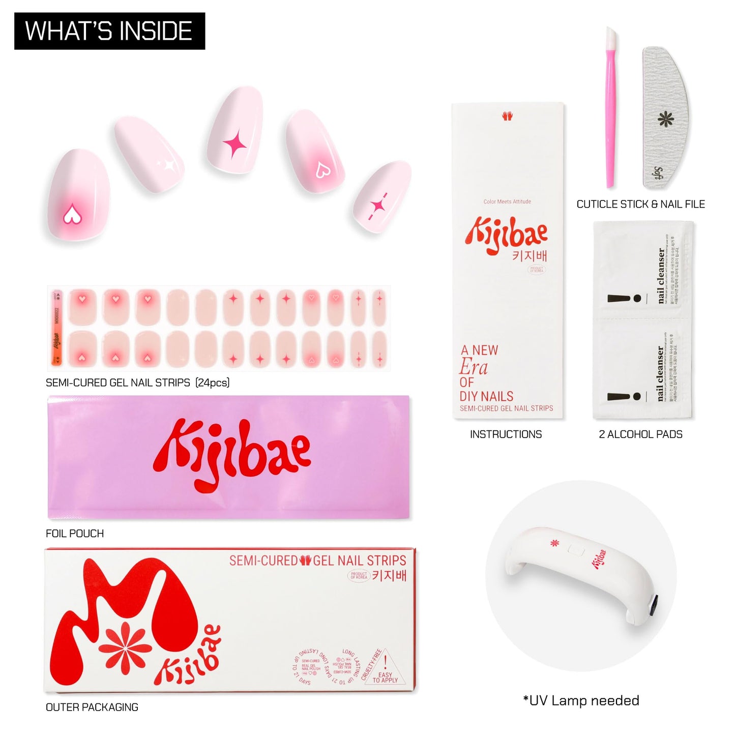 Kijibae Semi Cured Gel Polish Strips | 24pc UV LED Required Wraps | Gift Peel and Stick Nails | Coquette DIY Home Manicure | Press On Alternative (Lover Girl)