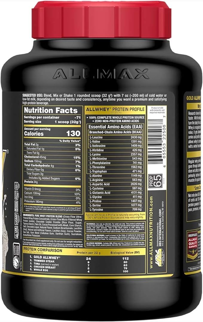 ALLMAX Nutrition Gold ALLWHEY, Cookies & Cream - 5 lb - 24 Grams of Protein Per Scoop - Gluten Free, Low Carb & Low Sugar - Approximate 71 Servings