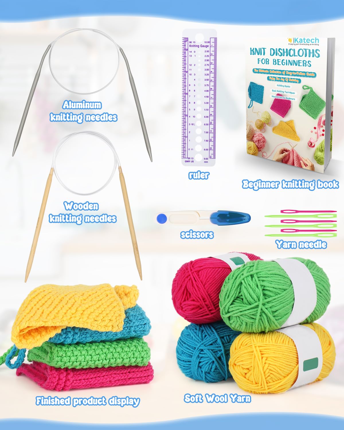 Katech Knitting Kit for Beginners-Learn to Knit Dishcloth-Beginner Knitting Kit for Adults with Knitting Book, Knitting Needles,Beginner Yarn, Yarn Needle, Craft Kits Gift (Beginner to Expert)