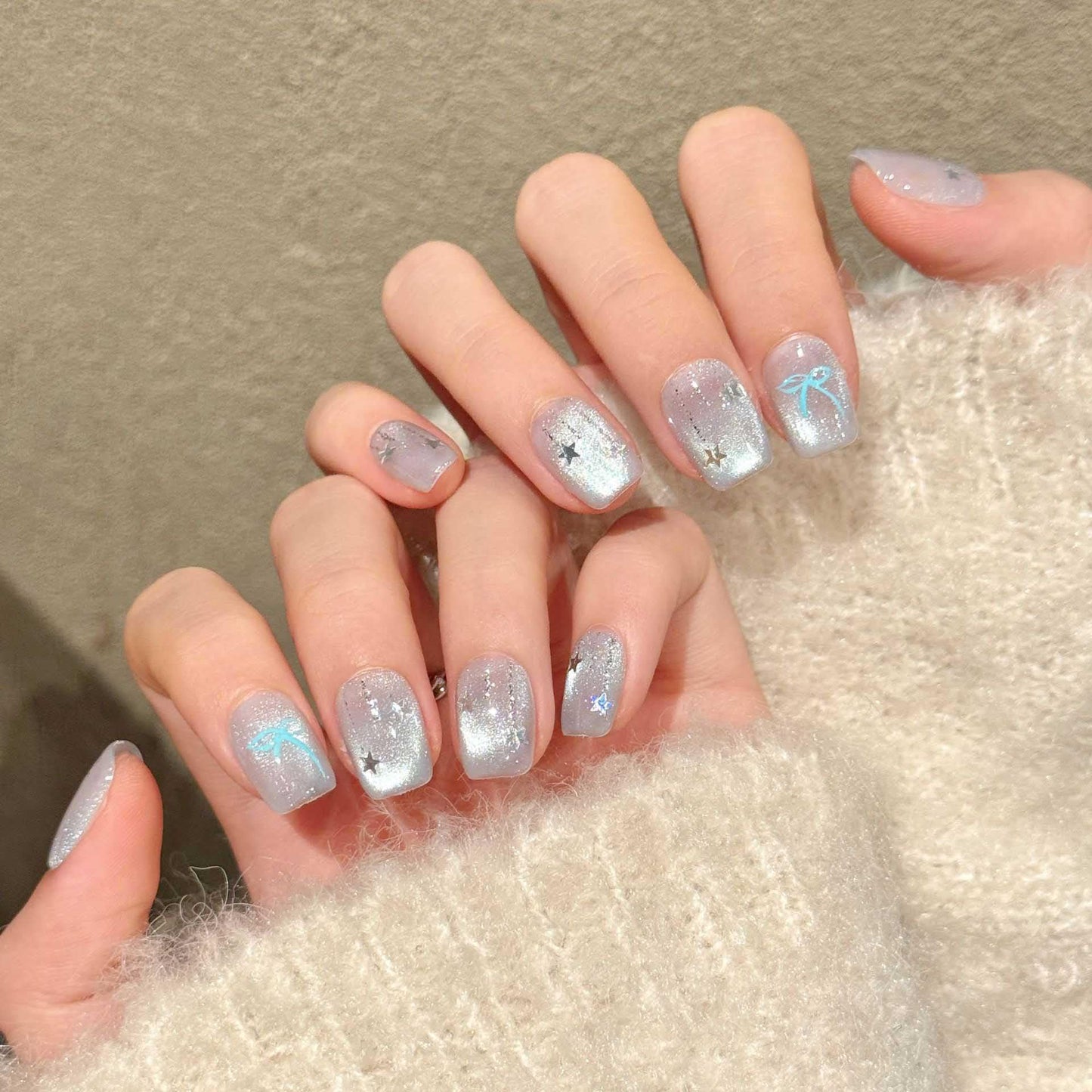 10 Pcs Short Square Handmade Press On Nails | Light Blue Bow & Iridescent Star Design | Reusable Easy Apply Salon-Quality Manicure for Women & Girls Daily & Party Wear (RR05, M)