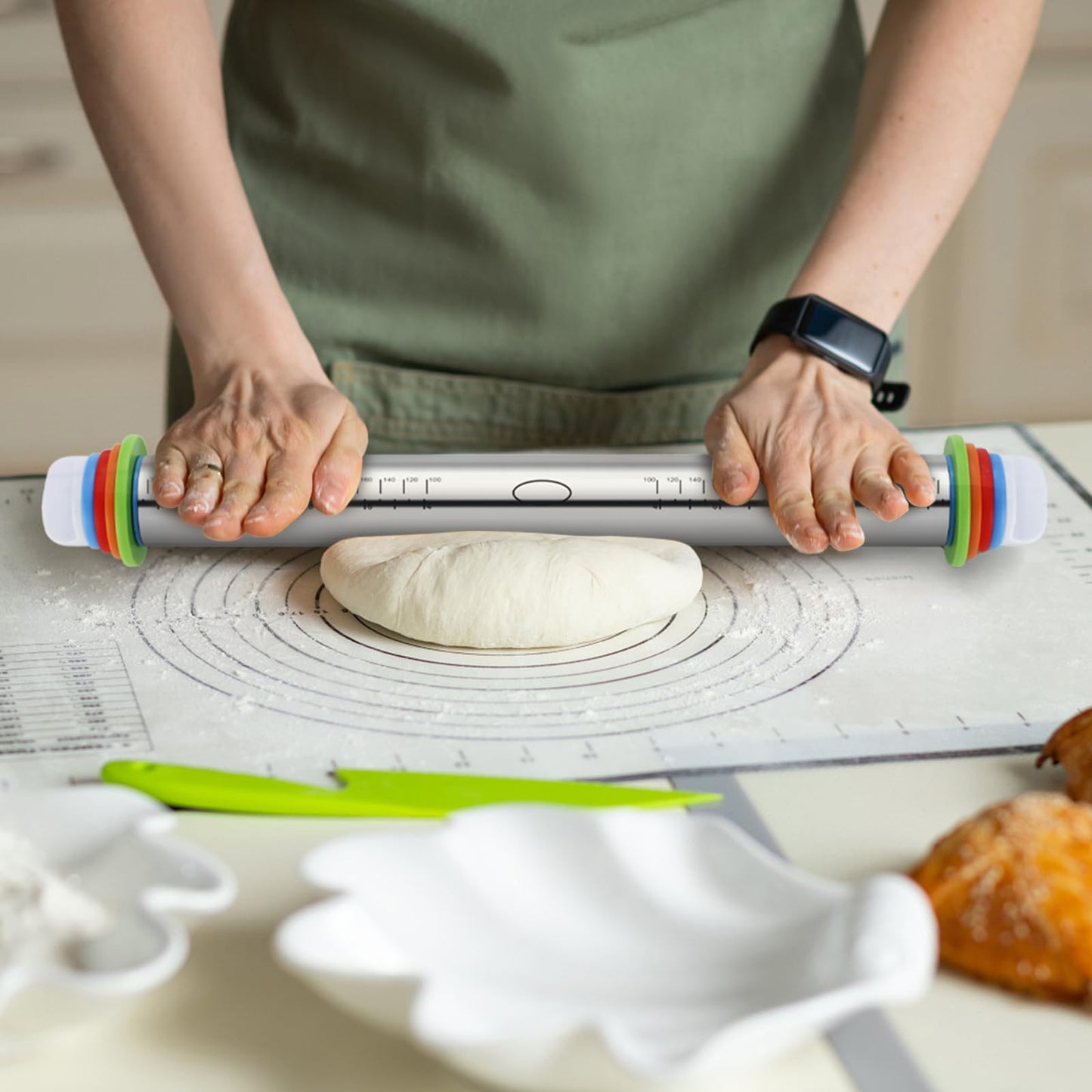 Unokit Rolling Pin for Baking - 3-Piece Set, 17.5" Rolling Pin with Adjustable Thickness Rings, Stainless Steel Dough Roller, Rolling Pins for Baking Pizza, Pasta, Bread - Baking Essentials