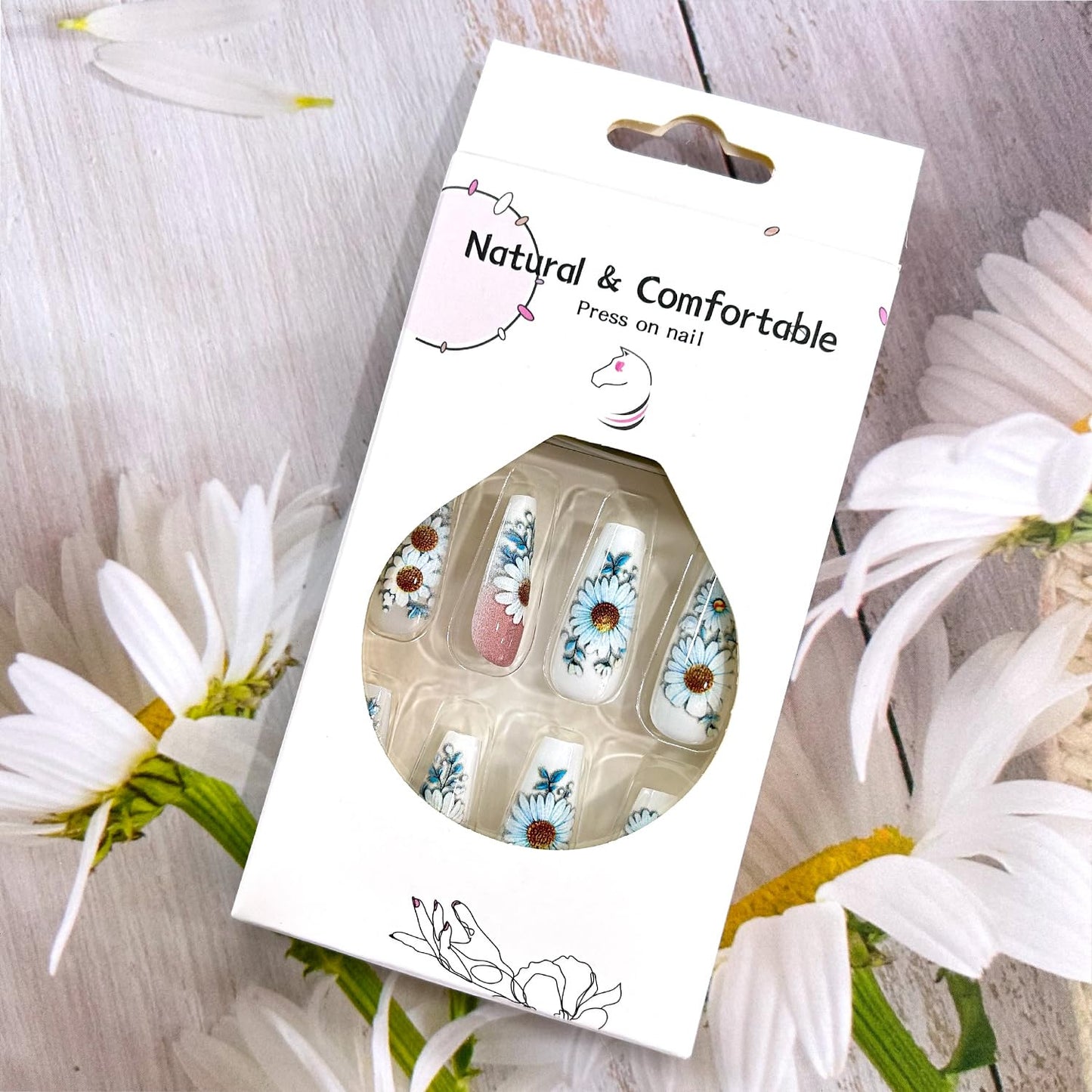 CJDLTS White Daisy False Nails Flower Press on Nails Long Ballet Shaped Nails Artificial Nails Floral Daisy Pattern Design Stick on Nails Full Cover Coffin Nails Acrylic Glue on Nails for Women