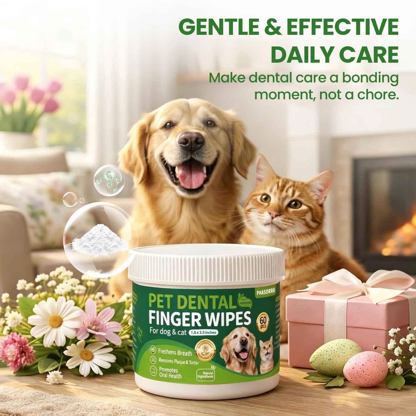 PHASORRA Dog & Cat Tooth Brushing kit - 60Ct Dog Toothbrush & Toothpaste Alternatives, Dental Care Wipes, Heavy Duty Teeth Cleaning, Remove Tartar & Plaque, Breath Freshener