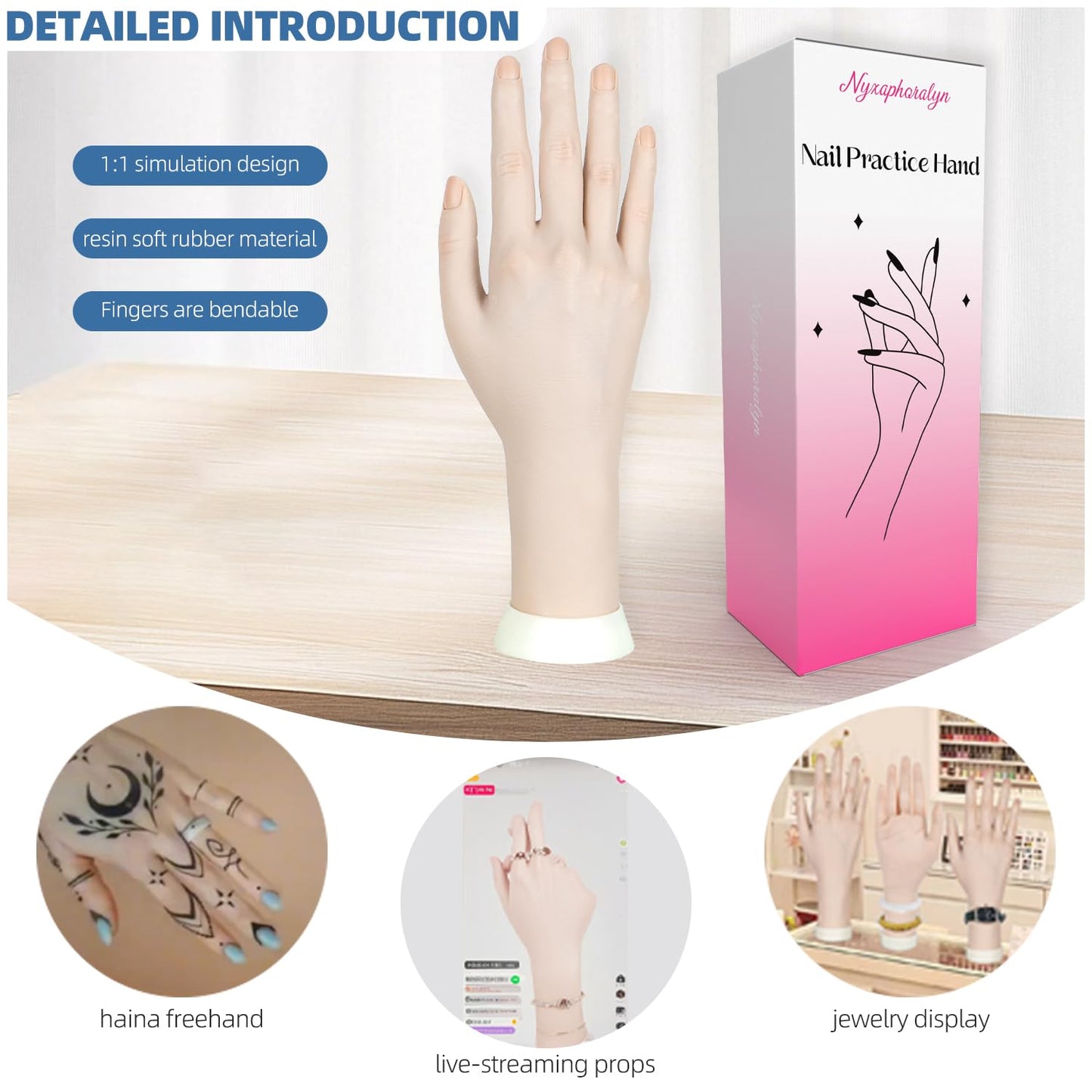 Practice Hand for Acrylic Nails, Flexible Bendable Fake Hand with Adjustable Stand, Nail Training Kit Mannequin Hand for Beginners & Nail Artists