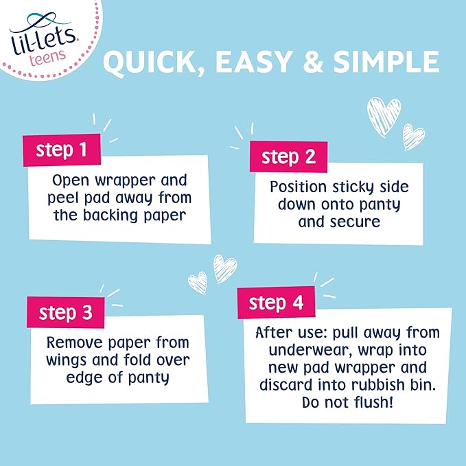 Lil-Lets Teens Day Pads with Wings - 70 Count Period Pads - Thin, Super Absorbent Sanitary Napkins, Soft & Breathable, Fragrance-Free - First Periods, Light to Medium Days