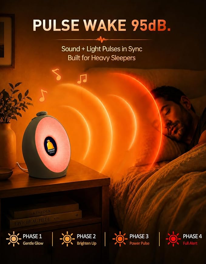 Dekala Sunrise Alarm Clock for Heavy Sleepers with Pulse Wake, Sunset Sound Machine with Breathing Ambient Light, Loud Alarm for Bedrooms, Wake Up Light, Digital Color Display & 7 Themes, No App