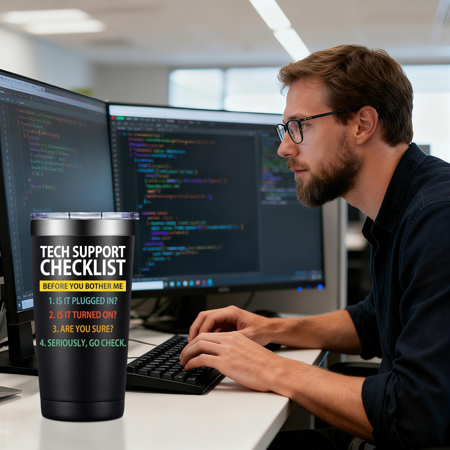 SpenMeta Tech Gifts for Men - Fathers Day, Birthday, Christmas Gift for IT Techies Guys, Geek, Computer Programmer - 20oz Tech Support Checklist Tumbler Cup