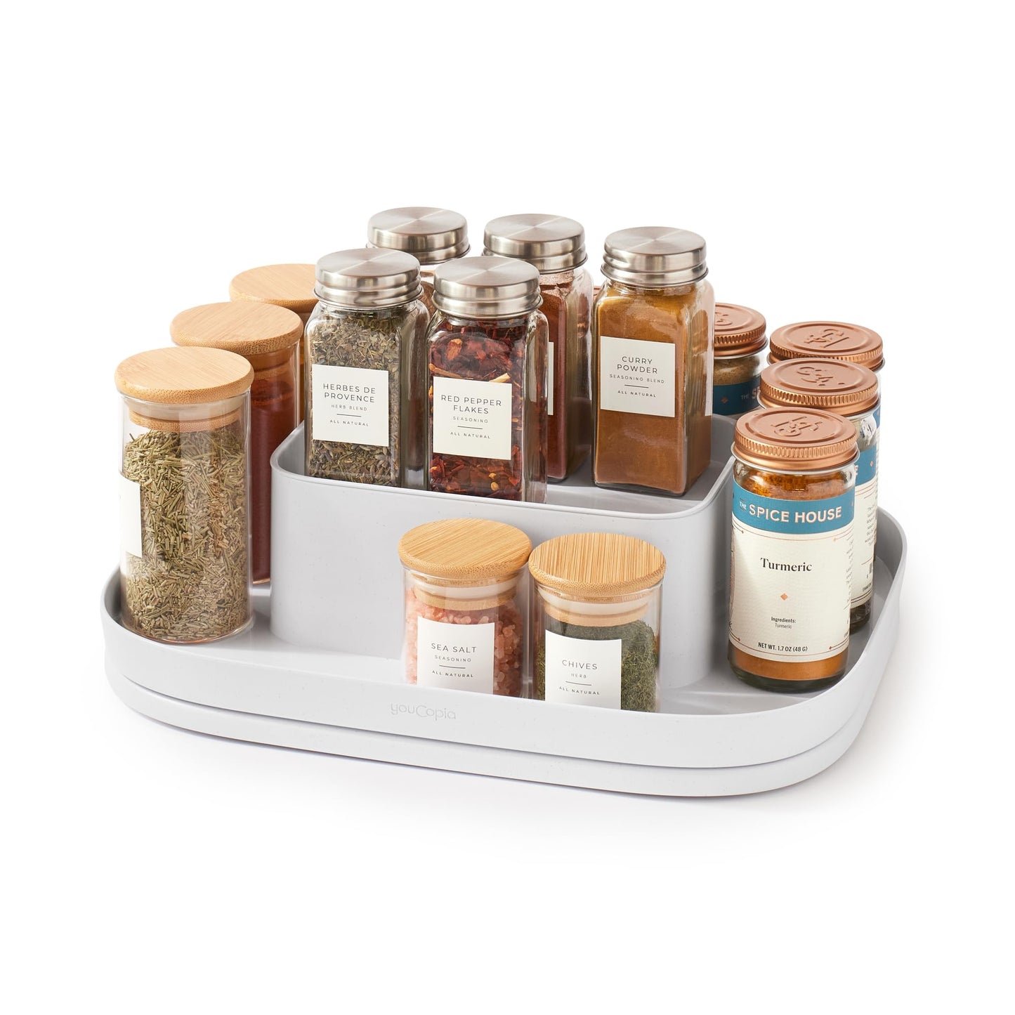 YouCopia MagicTrack Rectangle Lazy Susan Turntable 2-Tier Spice Rack: Jar & Bottle Storage Organizer for Kitchen and Bathroom with 360° Spin, Non-Slip, White Speckled BPA-Free