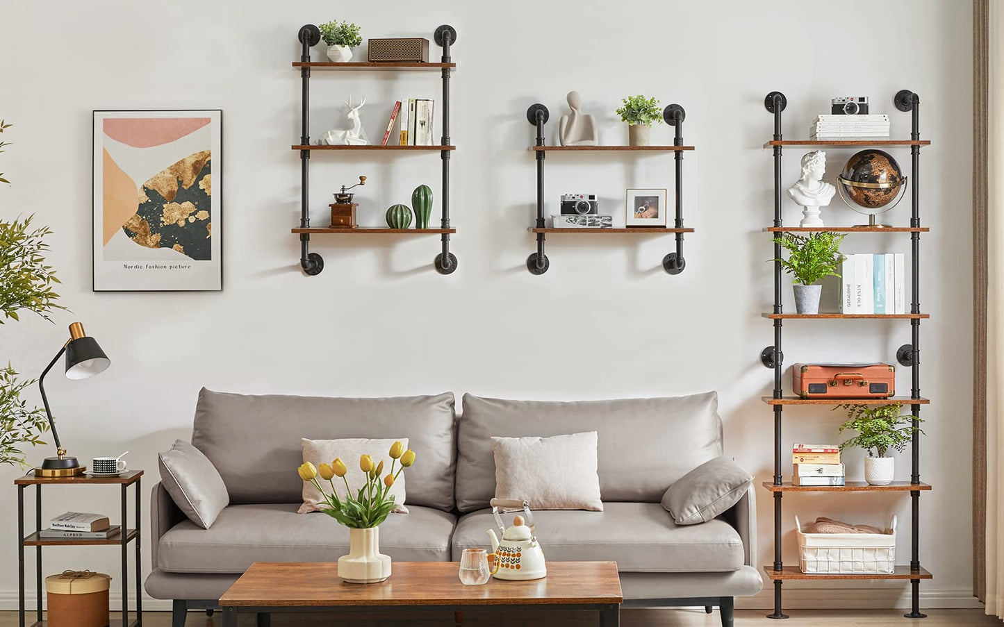 YMYNY Industrial Pipe Ladder Shelf, 6-Tier Wall Mounted Bookcase with Metal Frame, 78.7" Open Bookshelf, Multifunctional Storage Rack for Home Office, Living Room, Plant Stand, Rustic Brown, RF-TM018