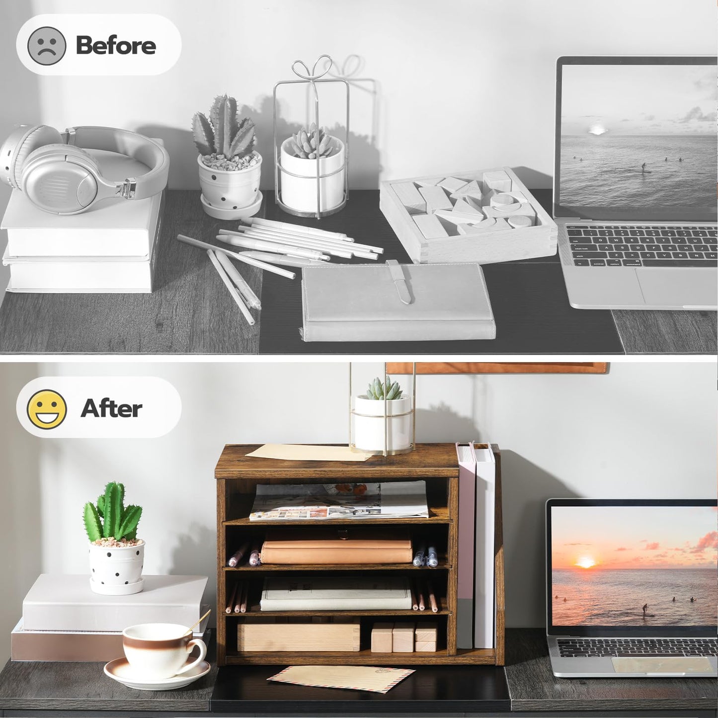 HOOBRO Mail Sorter, Literature Organizer with Adjustable Shelves, Paper Organizer for Office, Home, Wood Countertop File Holders, Mails, Magazines, Rustic Brown FG41WF01