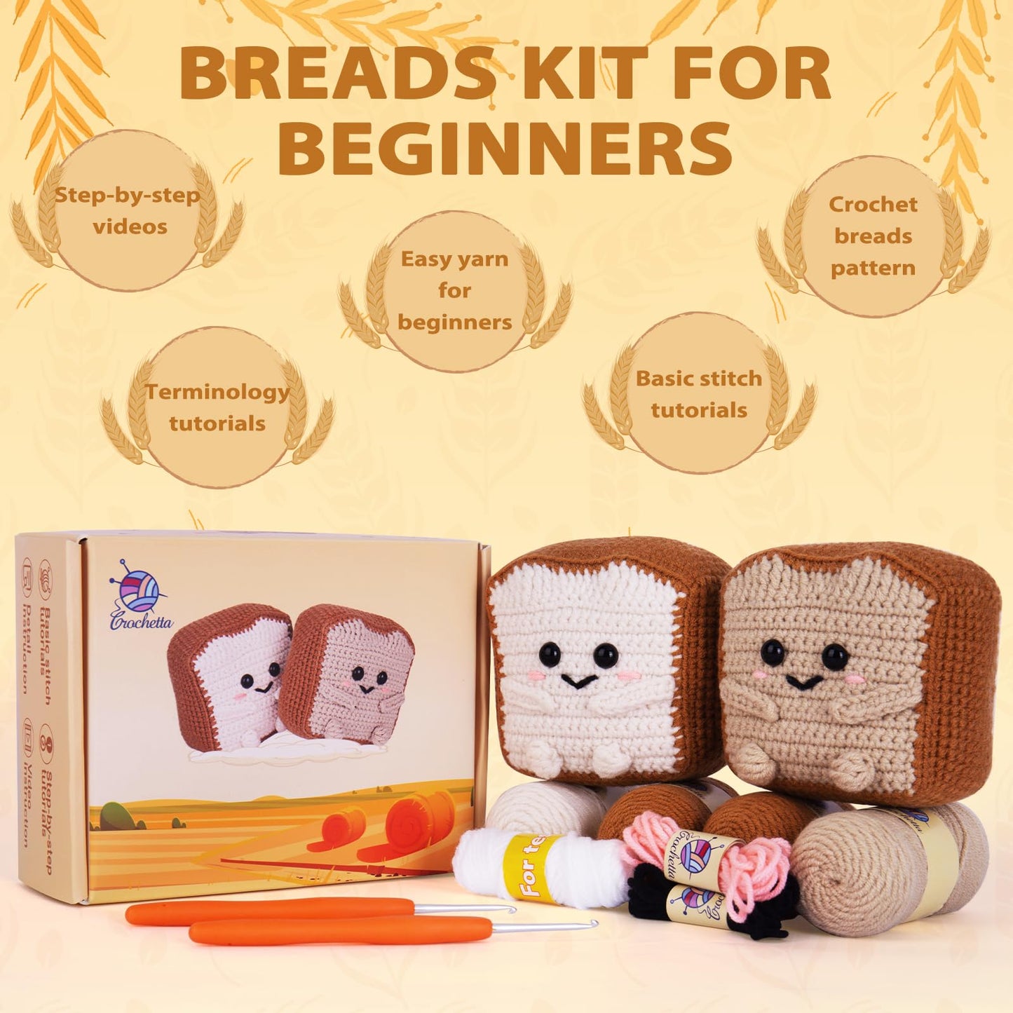Crochetta Crochet Kit for Beginners, Amigurumi Crocheting Animals Kits w Step-by-Step Video Tutorials, Knitting Starter Pack for Adults, Jumbo 2 Breads Familly (40%+ Yarn Content)