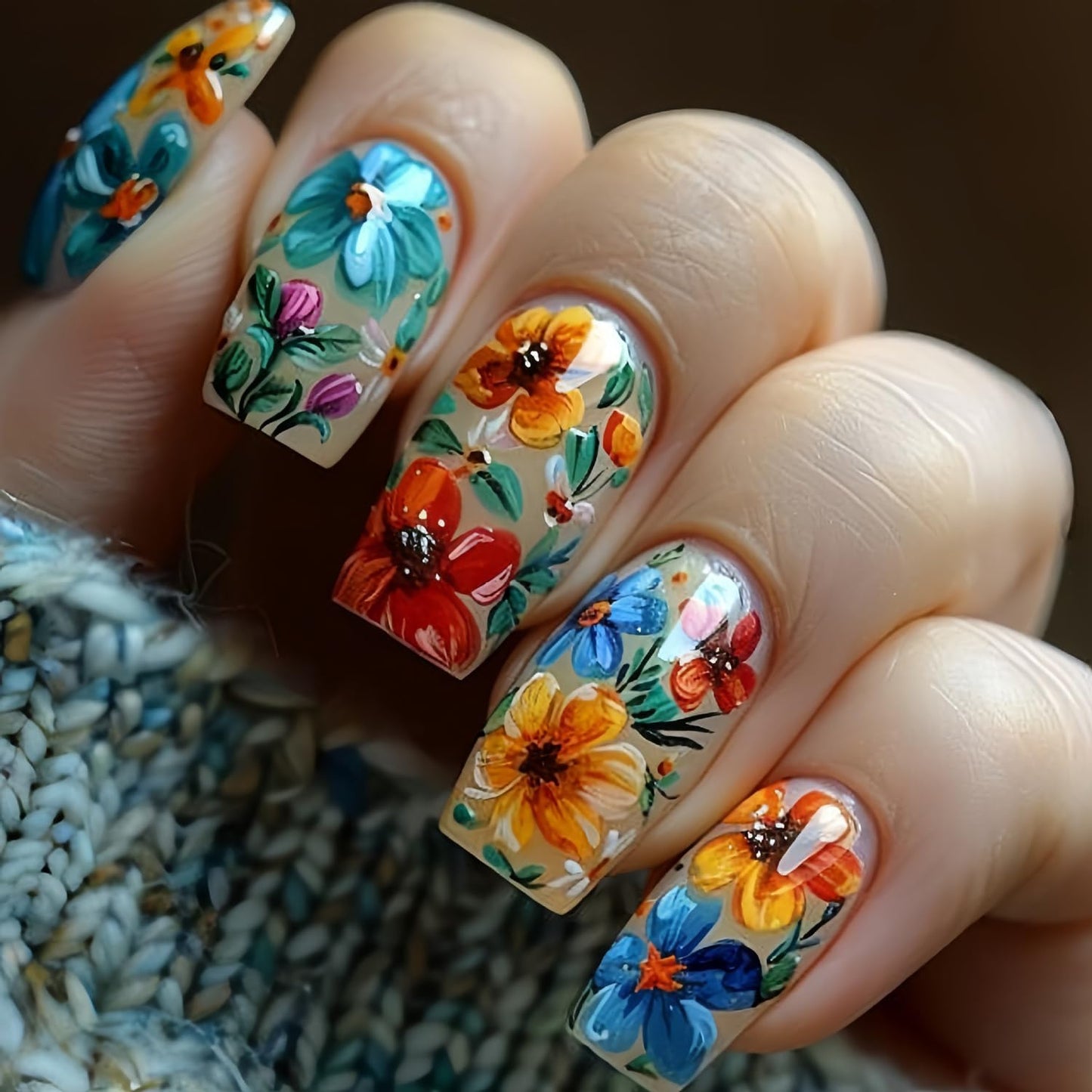 Flower Press on Nails Medium Length Spring Fake Nails Square Nails Colorful Floral Pattern Design Full Cover Glossy Acrylic Nails Artificial Coffin Nails Flower Stick on Nails Glue on Nails for Women