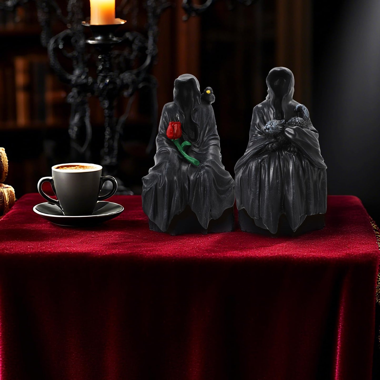 YYPLIAN 2 PCS Grim Reaper Statue Gothic Faceless Figure Decor Sitting Statue with Rose and Cat for Halloween Home Tabletop Bookshelf Figure Decor