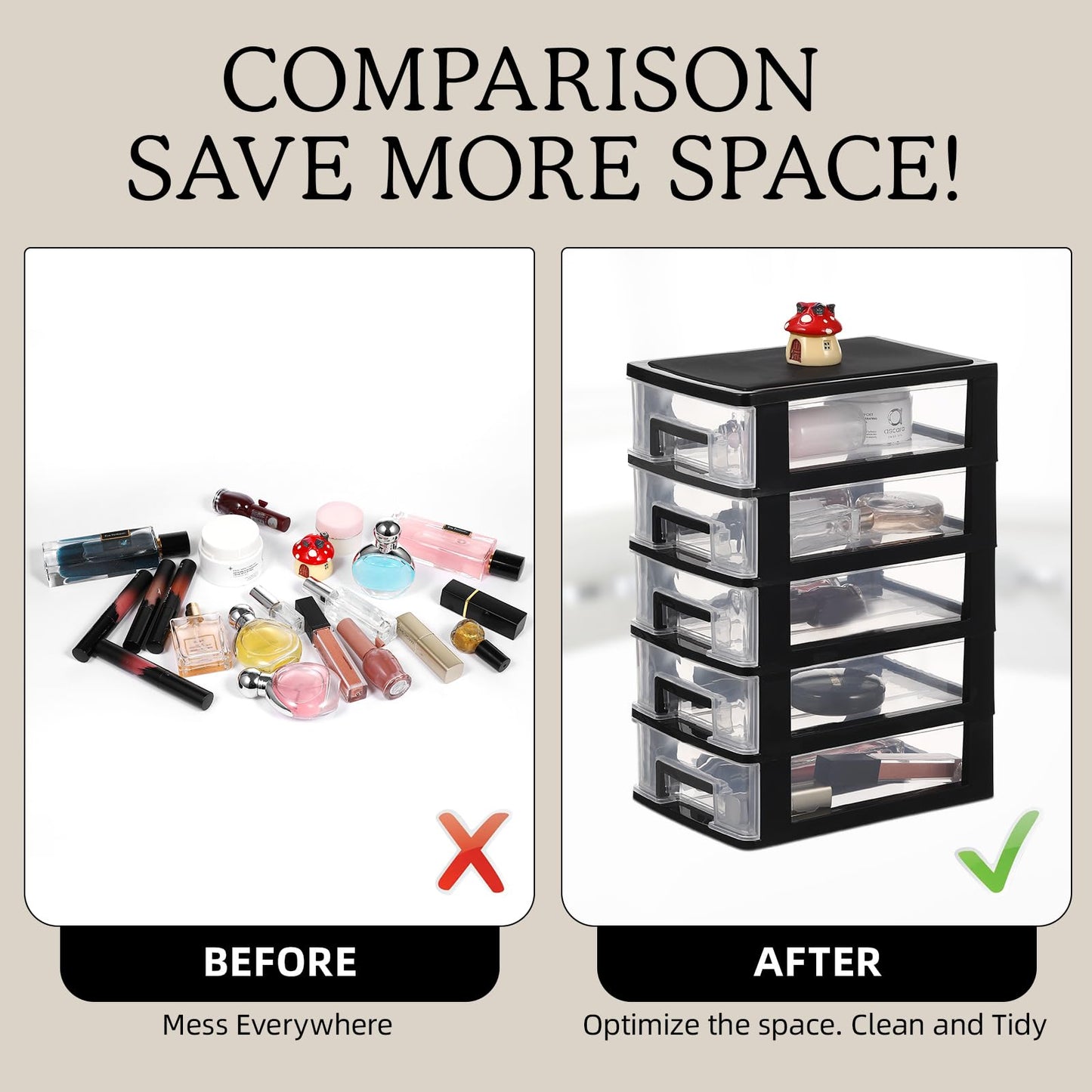 Cabilock 5 Drawer Plastic Storage Organizer Clear Desktop Drawer Storage Cabinet for Office Study Bathroom Craft Supplies