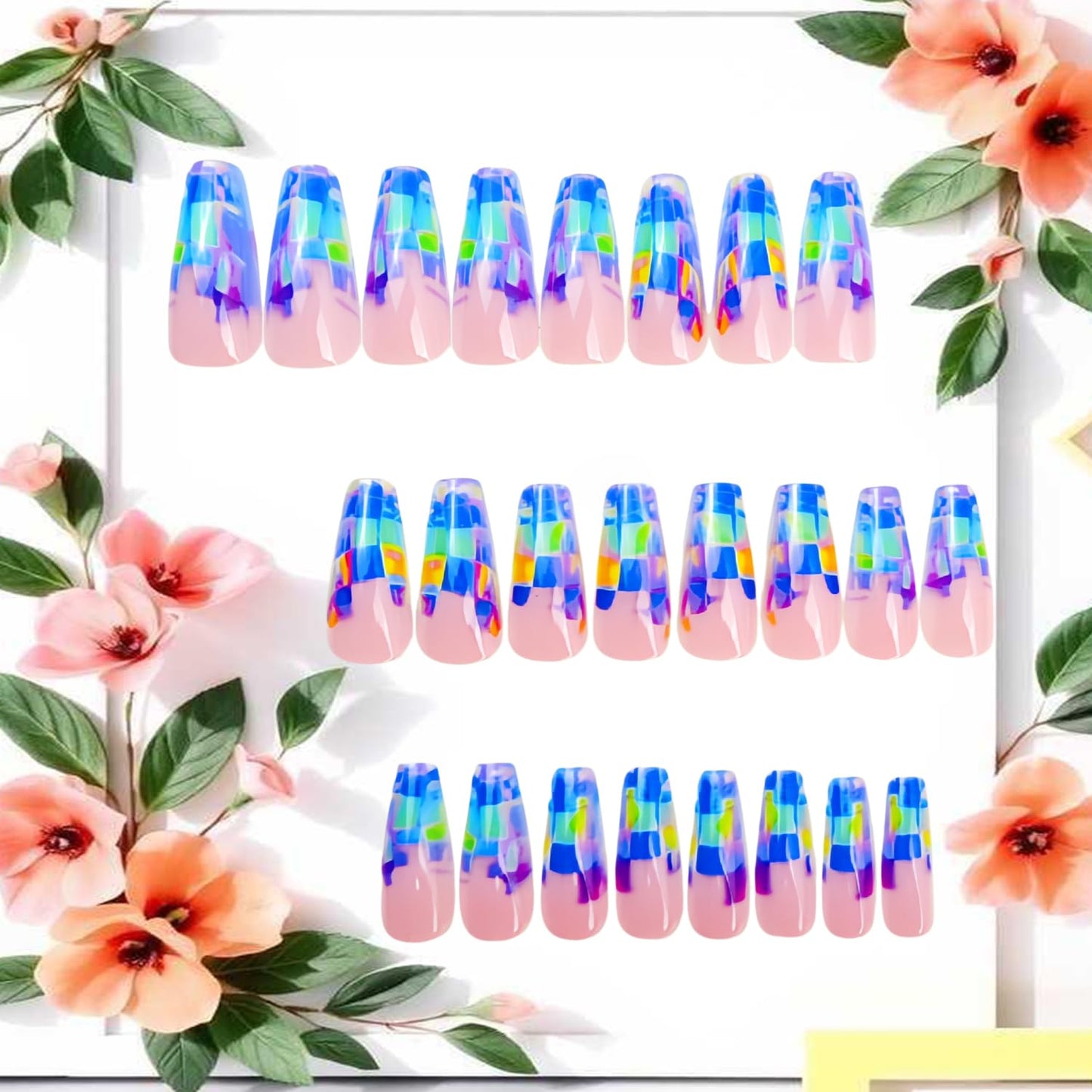 CJDLTS Press on Nails Long Ballet Shaped Colorful Geometry Smudge Pattern Design Full Cover Glossy Acrylic Fake Nail French Artificial Fingernail Ballet Press Ons Stick on Nails for Women 24Pcs
