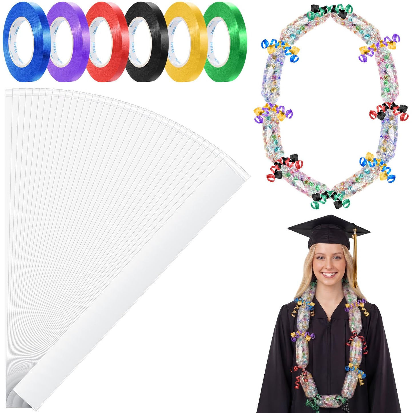 Spakon 60 Pcs 2.76 Inch x 59.06 ft Clear PE Poly Tubing Graduation Candy Wreath Making Kit, 6 Rolls 32.81 ft 6 Colors Ribbon for Graduation Packing DIY Snacks Candy Party Lei Kit
