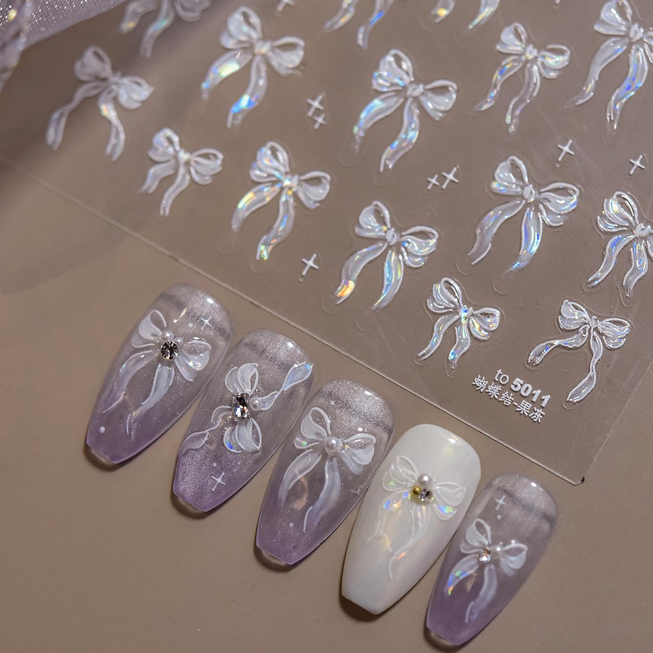 Phuryllic 3D Nail Stickers for Nail Art, Embossed Self-Adhesive Cute Nail Charms & Decals for DIY Nails, Easy-to-Apply Nail Design Supplies & Accessories for Home Manicure-Laser White Bow