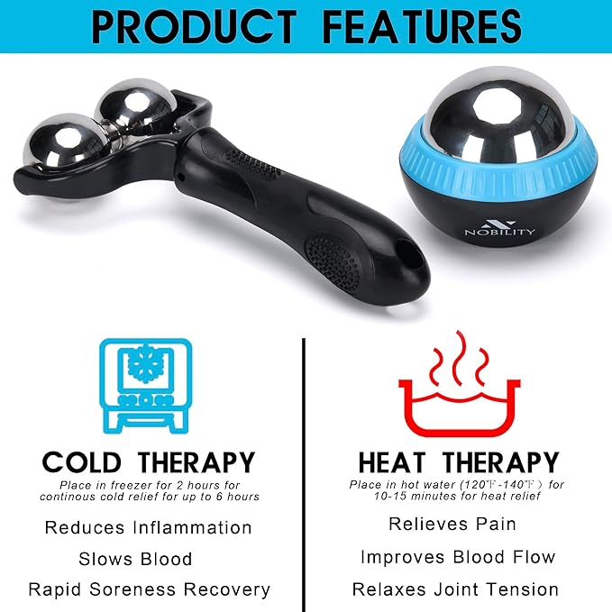 Nobility Massage Ball Roller– Ice Cold and Hot for Deep Tissue and Sore Muscle Relief of Stiffness and Stress, Body, Neck, Back, Foot, Plantar (Double Black)
