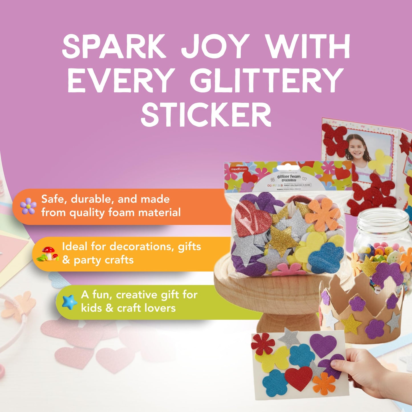 Incraftables Glitter Self Adhesive Foam Stickers for Kids, 100pcs Heart, Star, Butterfly, Flower Shapes, Multicolor, Felt Material, Modern Style, Indoor Use, Stickers for Kids & Adults