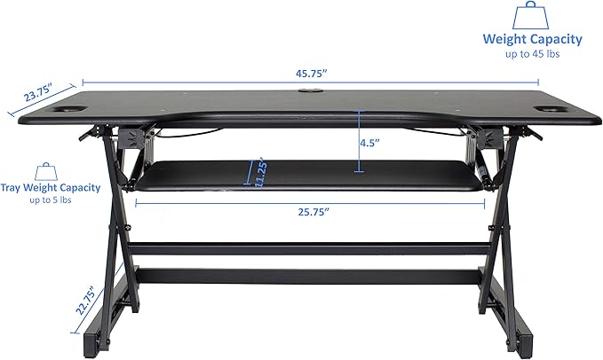 Rocelco 46" Large Height Adjustable Standing Desk Converter - Quick Sit Stand Up Triple Monitor Riser - Tall Gas Spring Assist Computer Workstation - Retractable Keyboard Tray - Black (R DADRB-46)