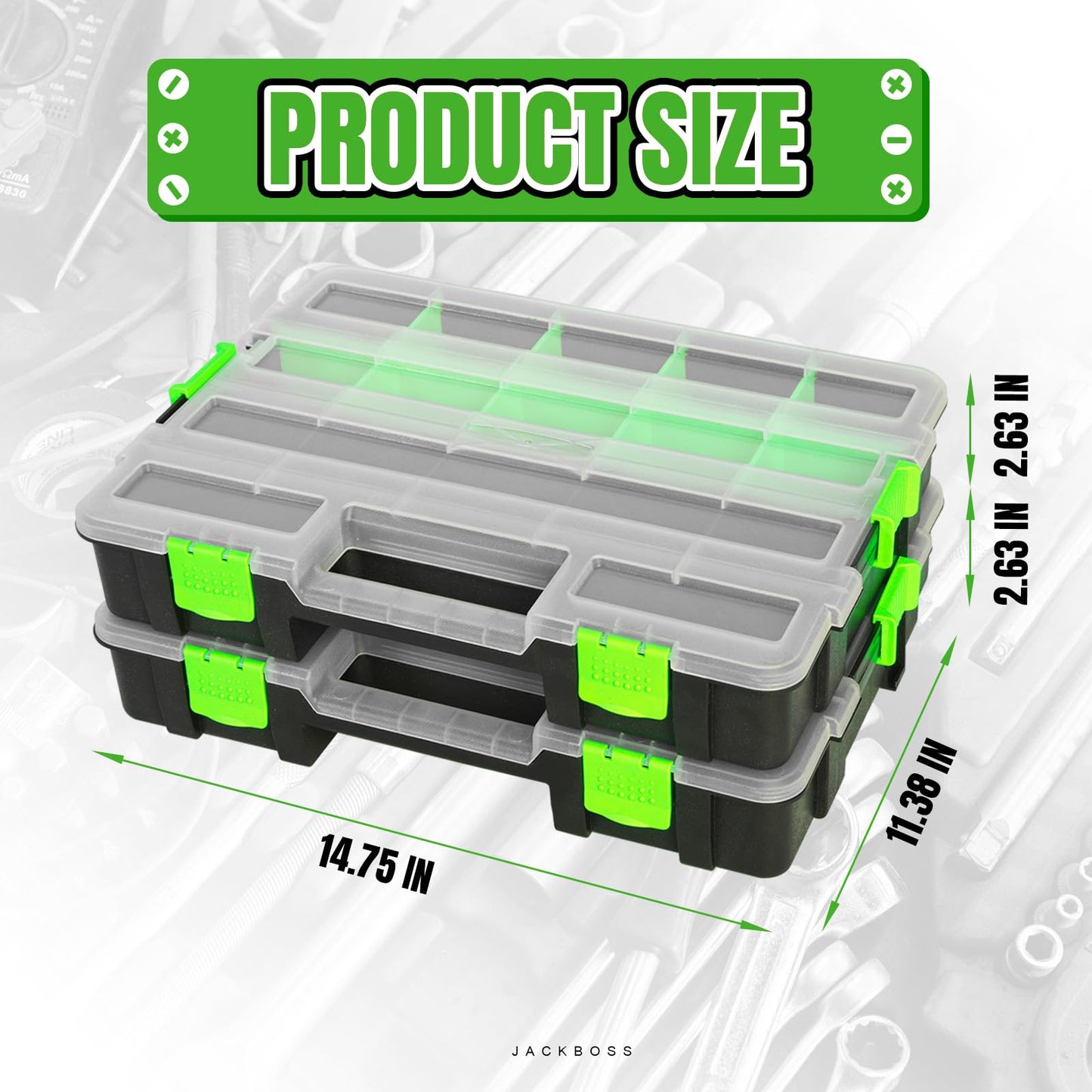 Jack Boss Tool Box with Transparent Lid, Single Side 17-Compartments Organizer Box with Removable Dividers for Hardware, Screws, Bolts, Nails, Beads, Jewelry and Fishing Accessories, Green, 2 Pack