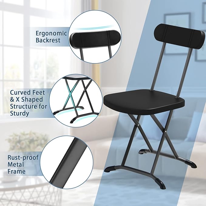 GYMAX Folding Chair, 400lbs Plastic Chairs Set with Steel Frame & Ergonomic Curved Back, Indoor & Outdoor Commercial Event Seat for Meeting, Wedding, Stackable Lightweight Folding Chairs (10, Black)