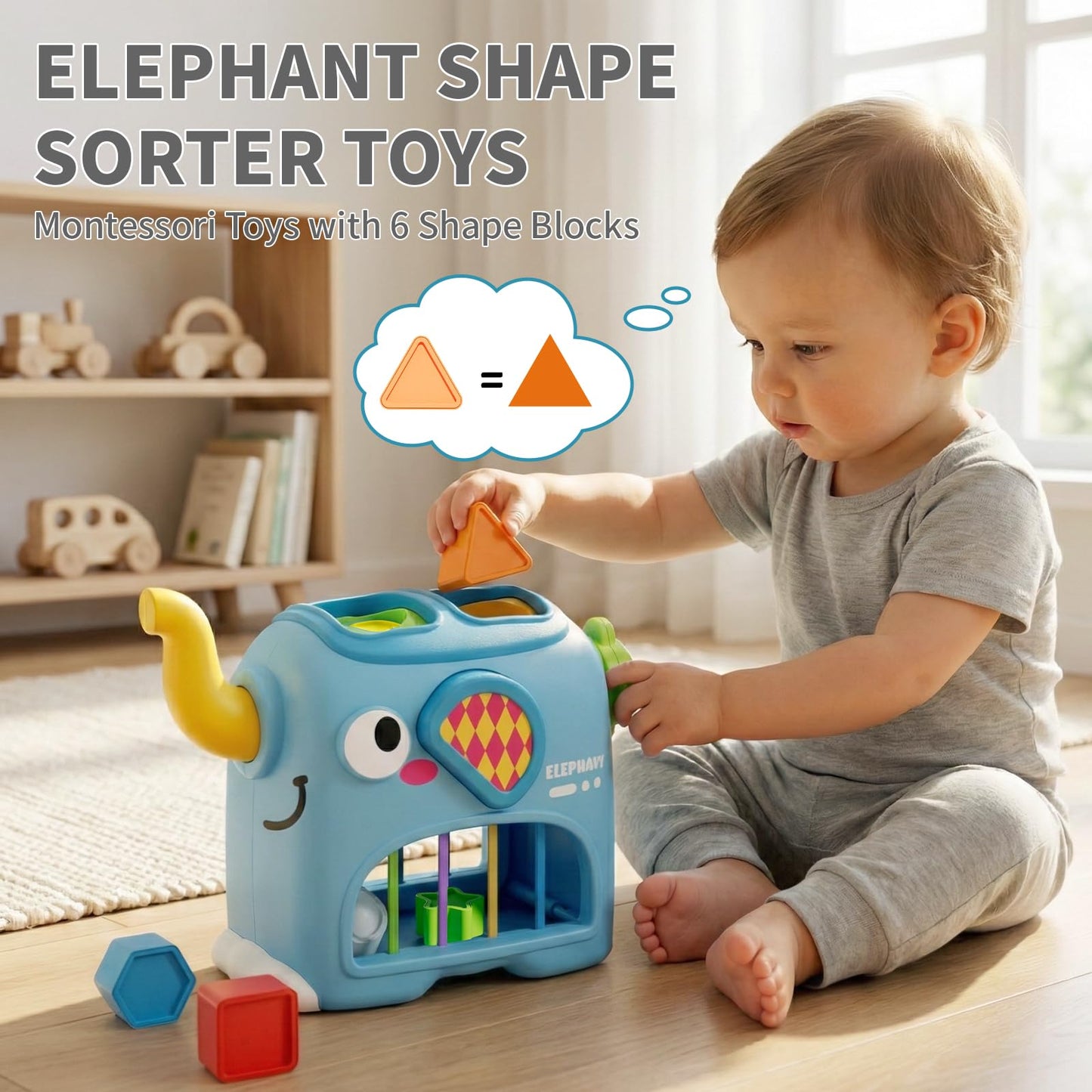 SOCBTNSO Elephant Interactive Shape Sorter Toys for 18 Months+, Montessori Matching & Sorting Toys with 6 Sensory Shape Blocks, Developmental Infant Birthday Gifts for Learning Toddler