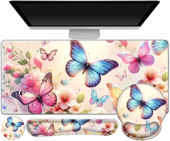 Gaming Mouse Pad, Large Desk Mat, Cute Desk Pad Protector, 4in1 XXL Mousepad + Keyboard Wrist Rest+Mouse Wrist Rest+Coaster Set with Ergonomic Desk Pad for Home Office PC Computer, Butterflies Flowers