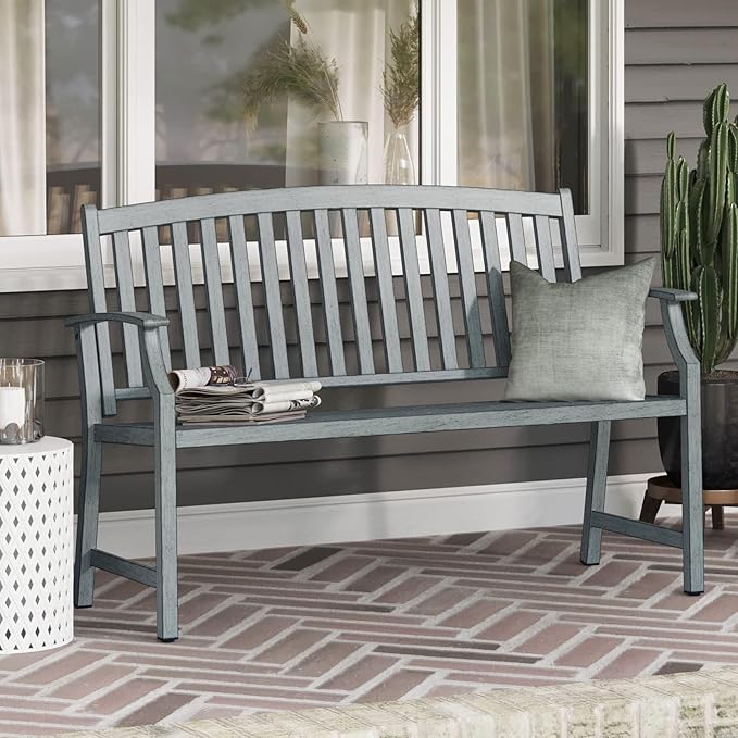 Grand patio 52" Farmhouse Outdoor Bench, Garden Benches with Anti-Rust Aluminum Metal Frame, Faux Wood Grain Finish Frame Patio Bench for Front Porch, Weathered Blue