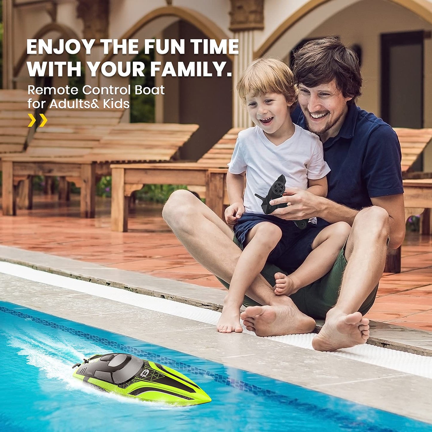 DEERC 14-Inch RC Boat, 20+ MPH High Speed Remote Control Boat for Pool & Lake, Auto Self-Righting, 2 Batteries, 493FT Control Range, LED Lights, 2.4GHz Full Proportional Control, Water Toy Gift