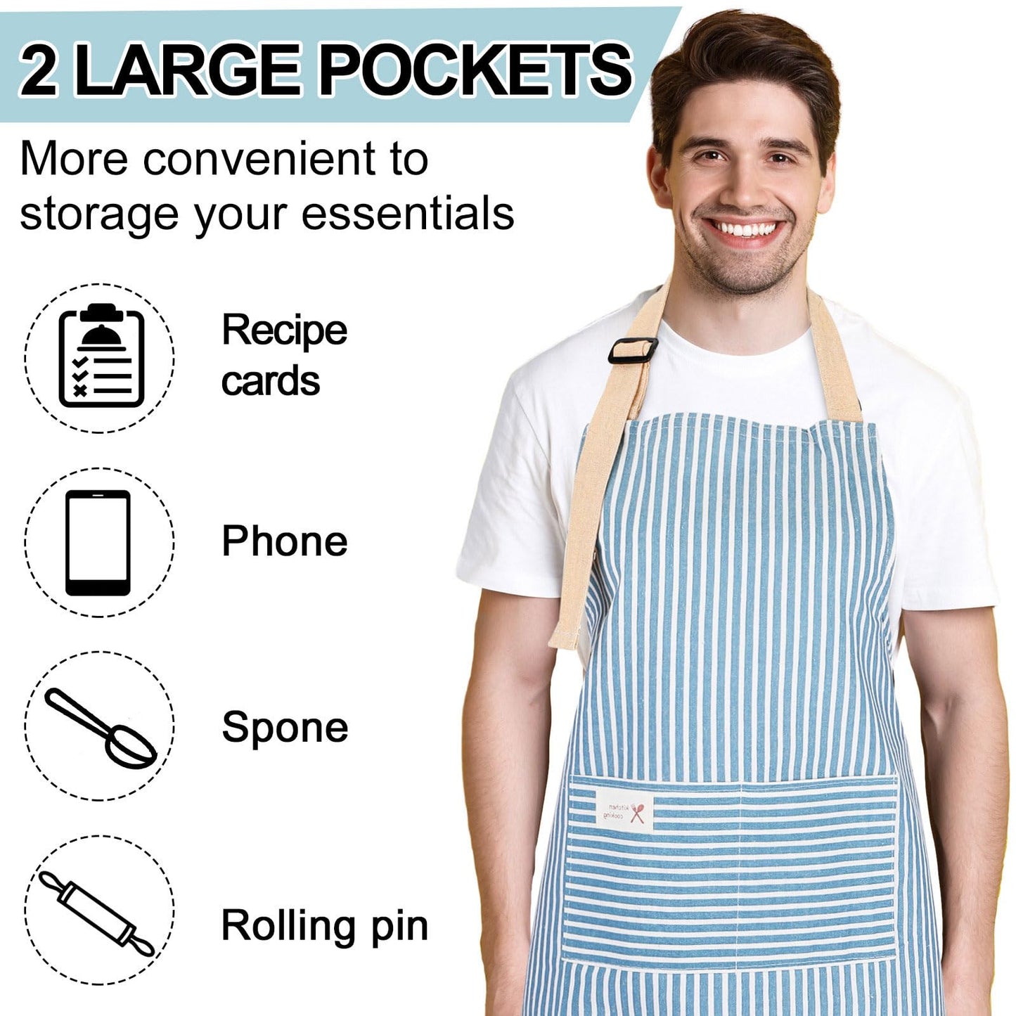 Janmercy 24 Pcs Aprons for Women Men with 2 Pockets Linen Cooking Kitchen Apron Adjustable Bib Chef Apron Bulk Aprons Unisex(Brown/blue,Thin Stripes)