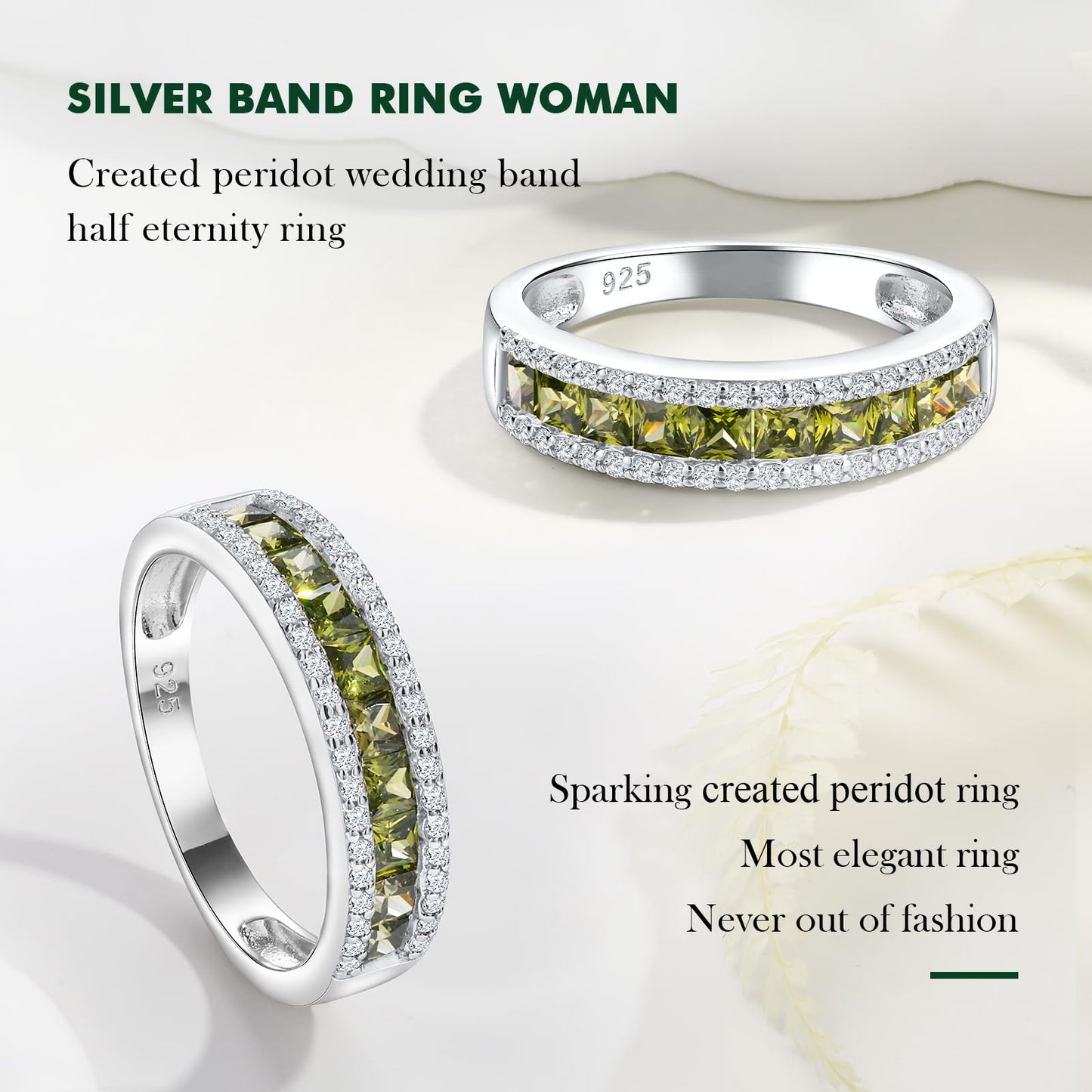 RANDES 925 Sterling Silver Peridot Ring Half Eternity Band Rings for Women Channel Set Princess Cut August Birthstone Ring Size 9